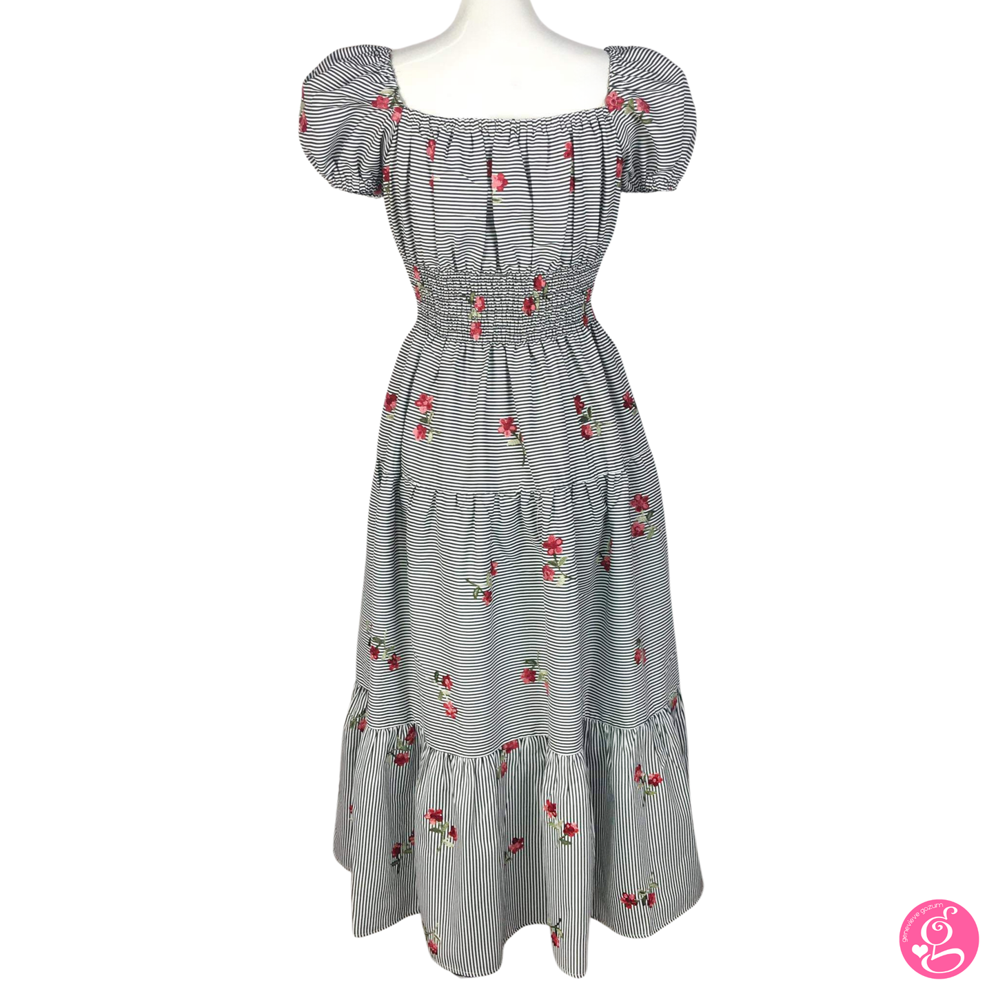 Deep Square Neck Maxi Dress Pinstripes & Embroidered Flowers