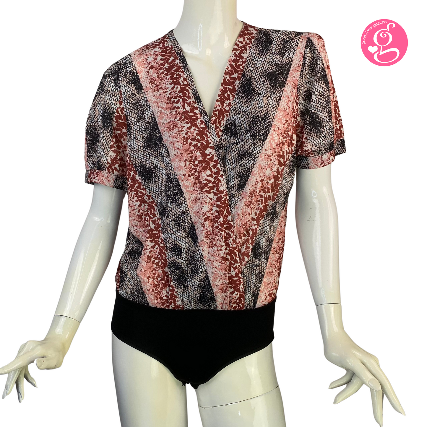 Genevieve Gozum Chiffon Snakeskin Print Overlap Bodysuit