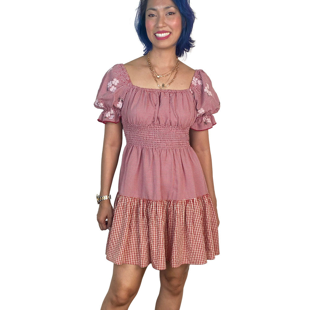 Deep Square Neck Perfect Gingham Coordinates Knee Length Dress Blue