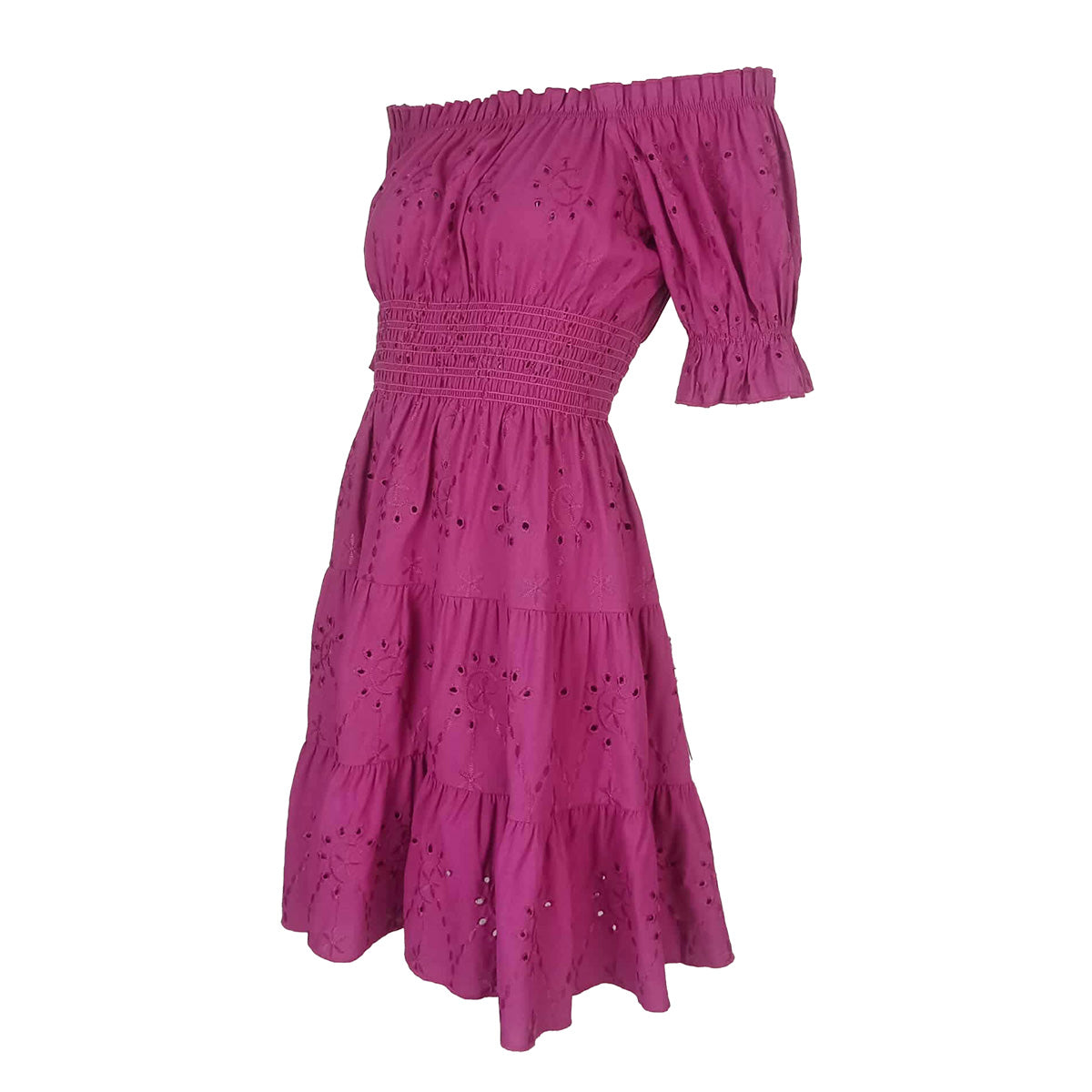 Cotton Eyelet Off Shoulder Knee Length Dress