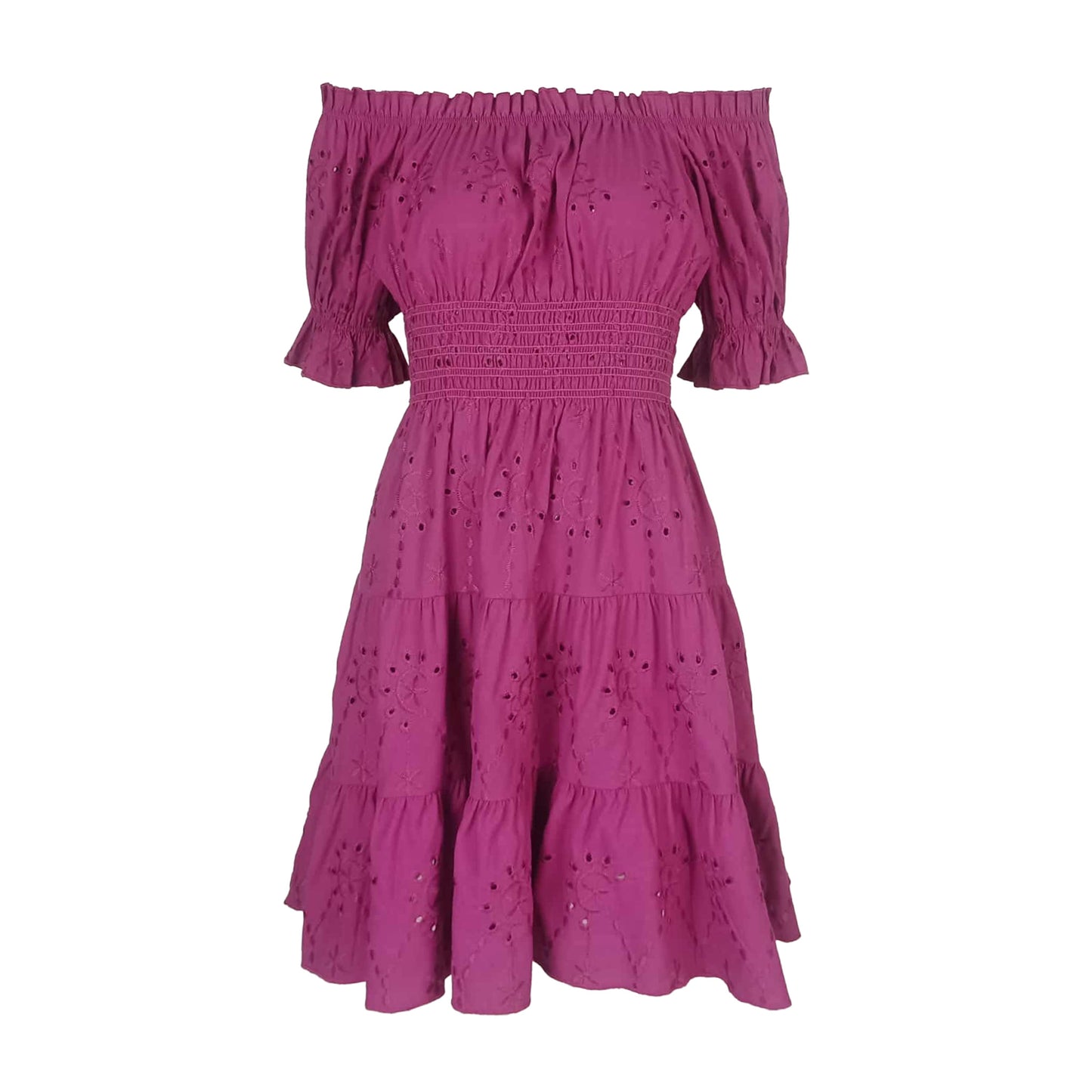 Cotton Eyelet Off Shoulder Knee Length Dress