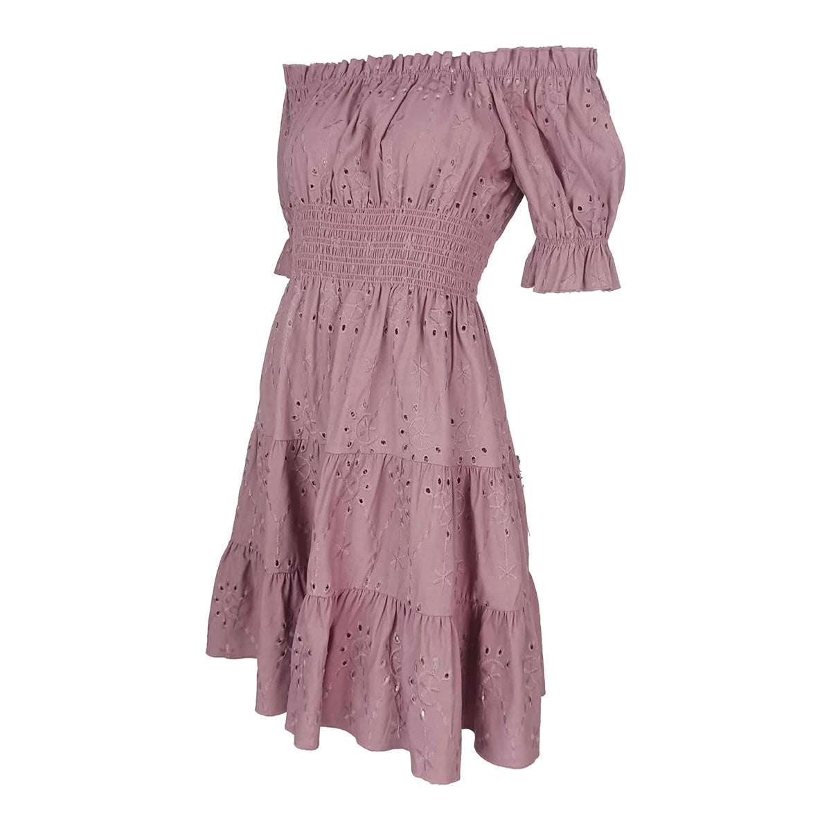 Cotton Eyelet Off Shoulder Knee Length Dress
