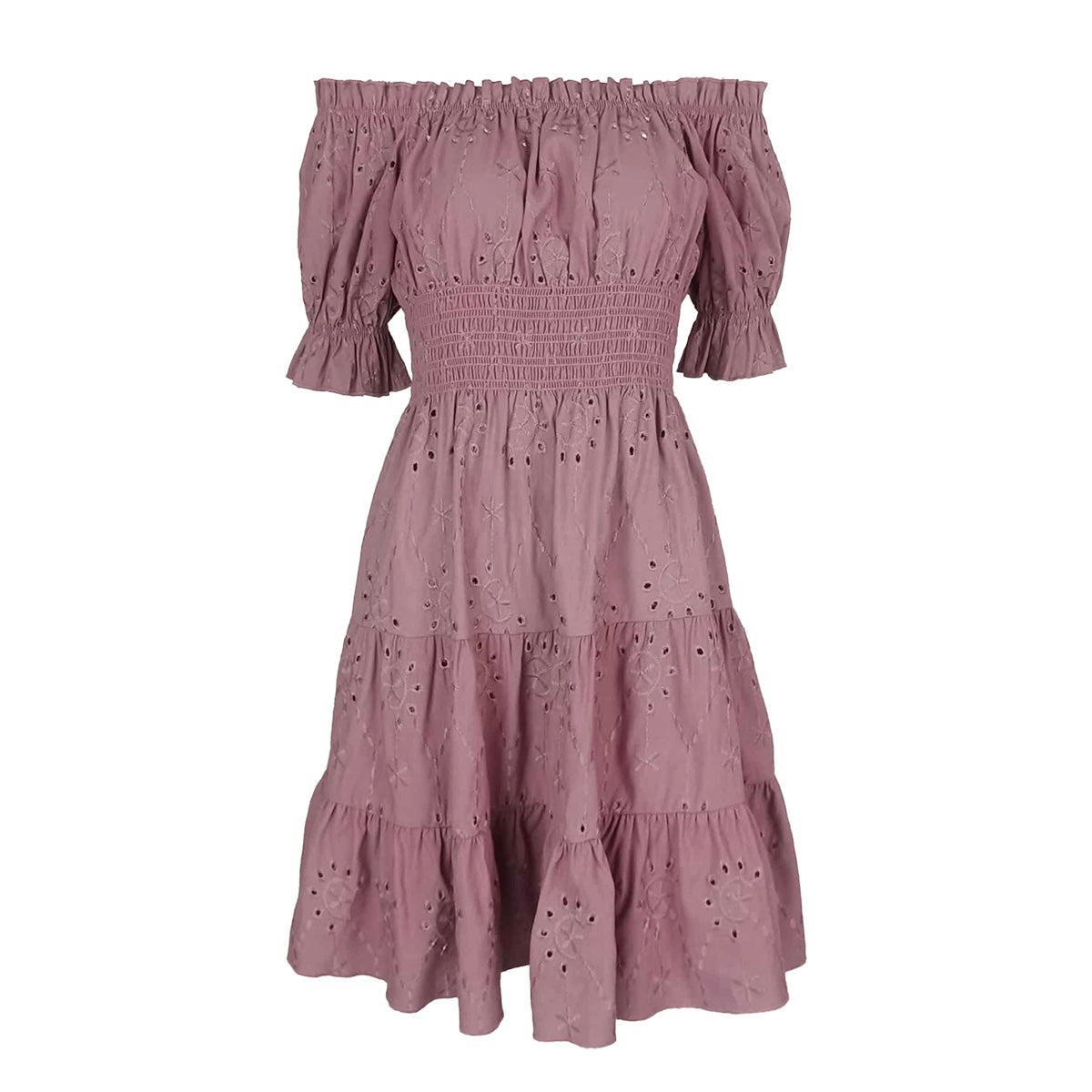 Cotton Eyelet Off Shoulder Knee Length Dress