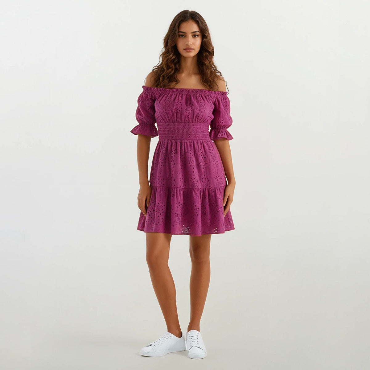 Cotton Eyelet Off Shoulder Knee Length Dress