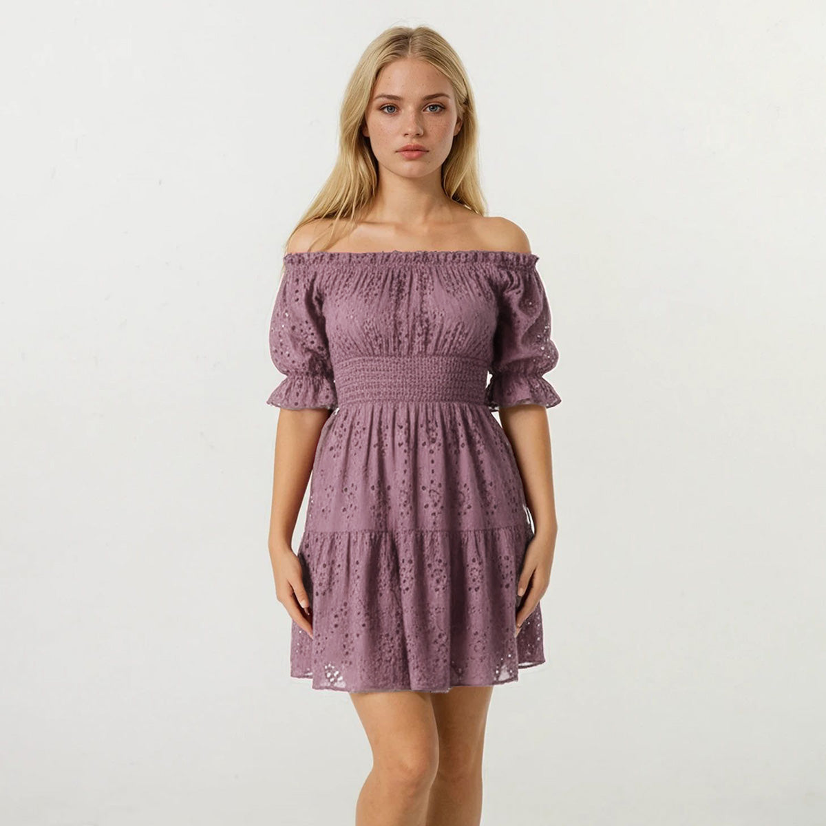 Cotton Eyelet Off Shoulder Knee Length Dress