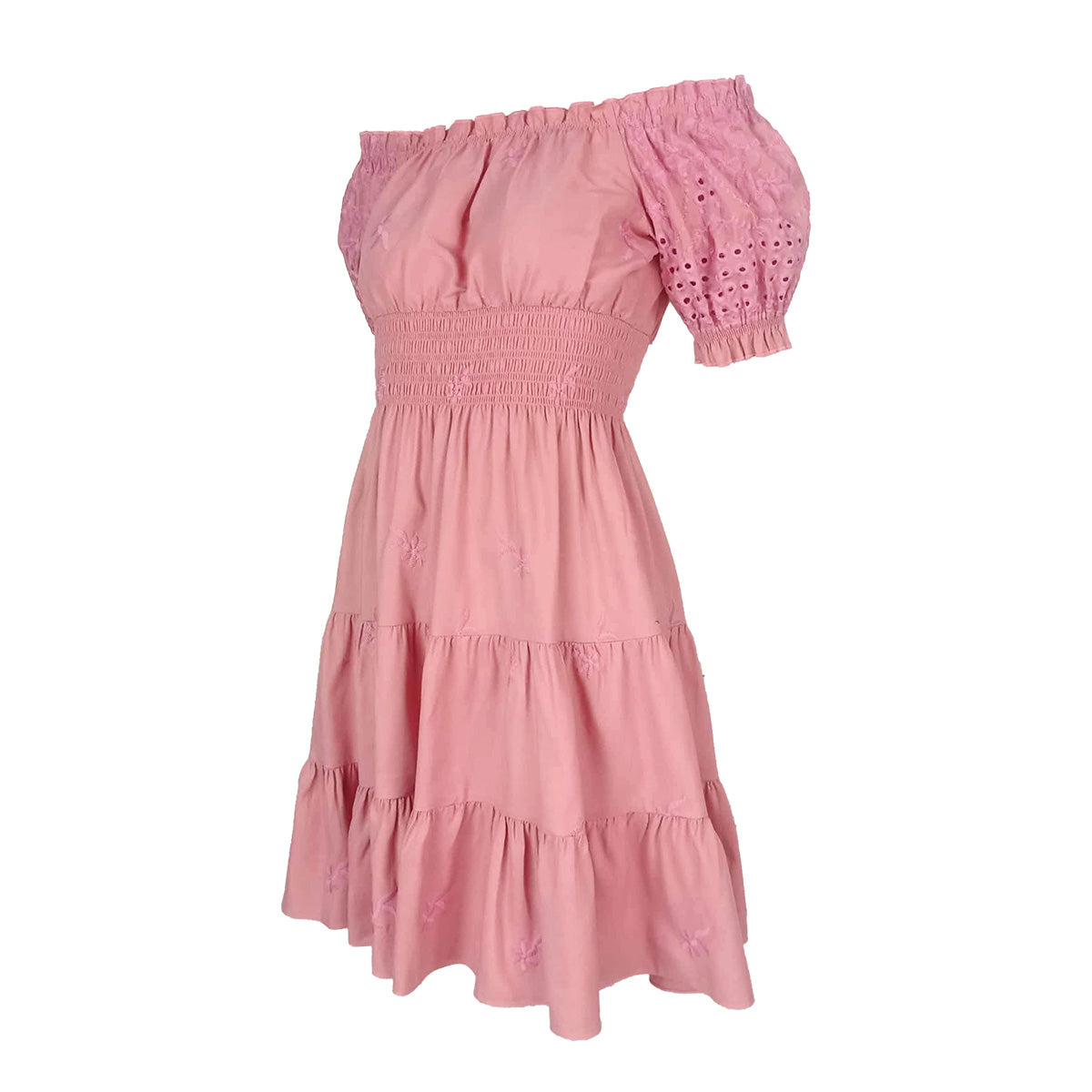 Calado Embroidery Off Shoulder Short Dress