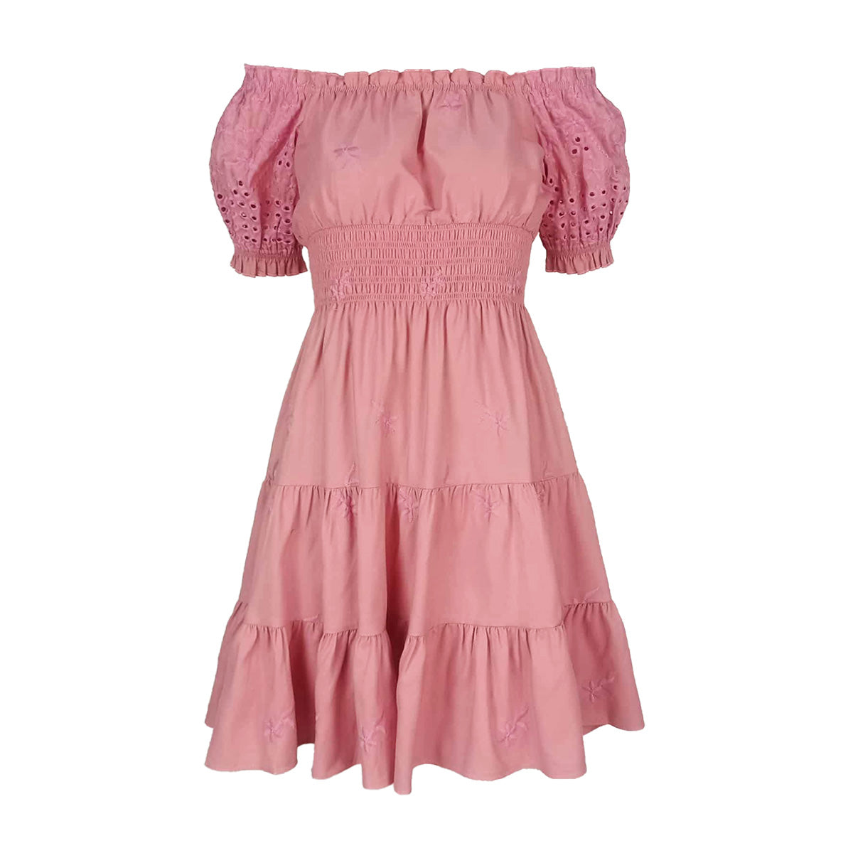 Calado Embroidery Off Shoulder Short Dress