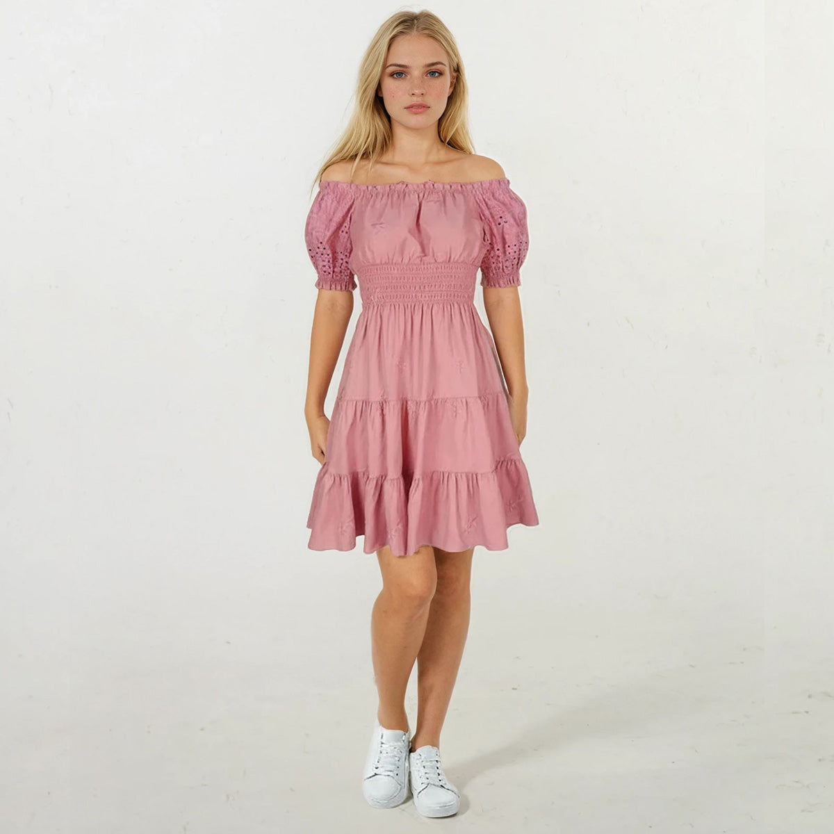 Callado Embroidery Off Shoulder Short Dress – Genevieve Gozum