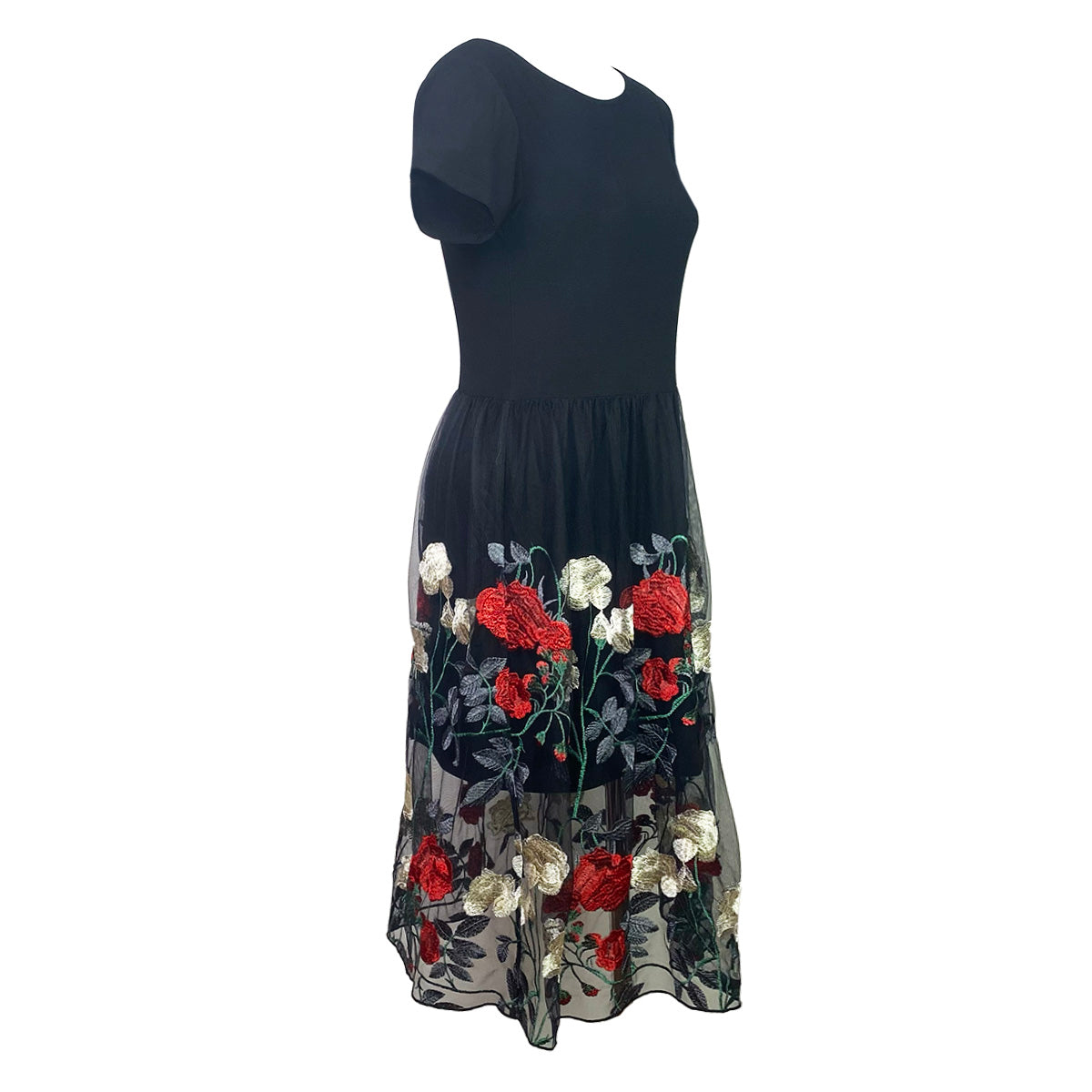 Just Got Lucky Ribbon Back Dress with Tulle Embroider Roses Tulle