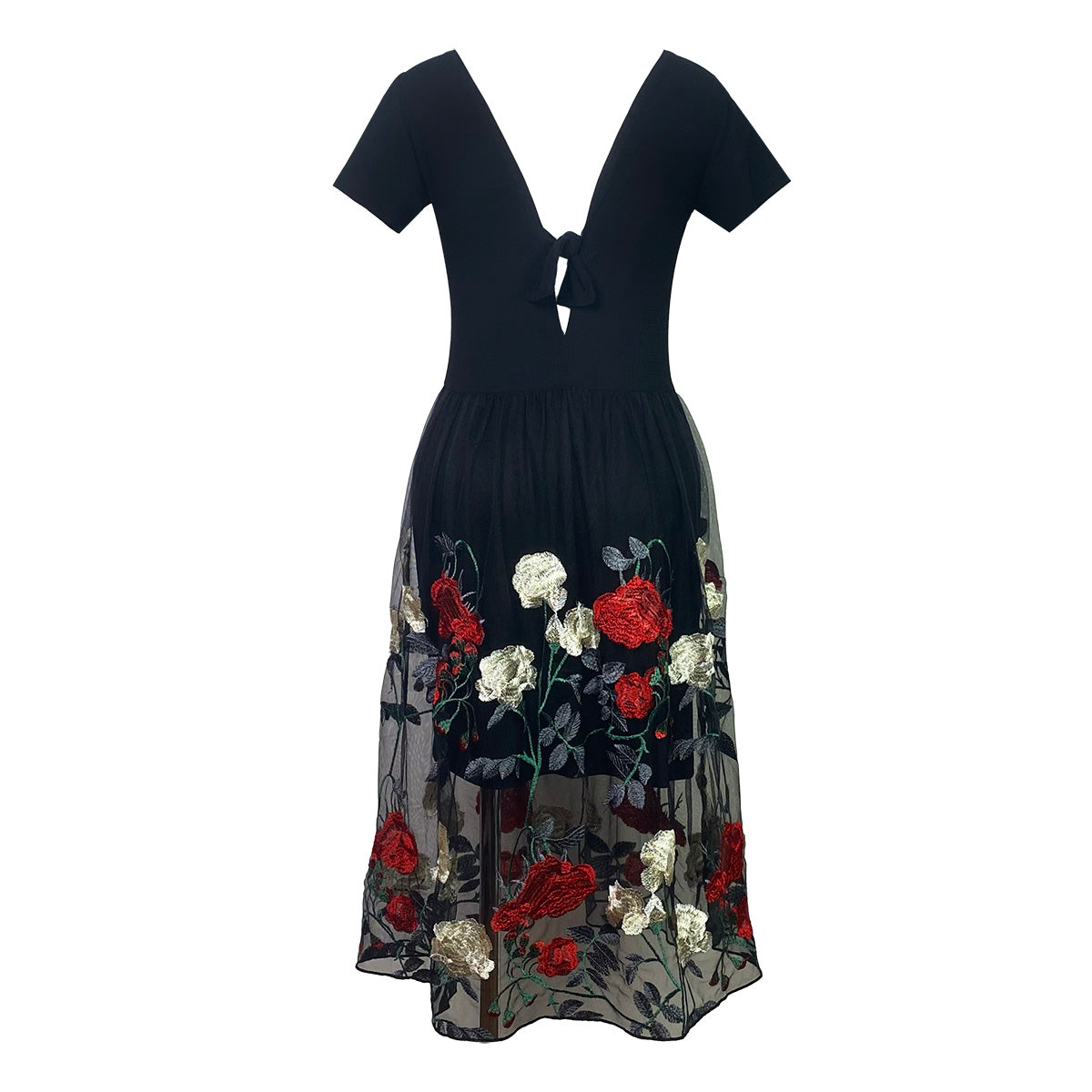 Just Got Lucky Ribbon Back Dress with Tulle Embroider Roses Tulle