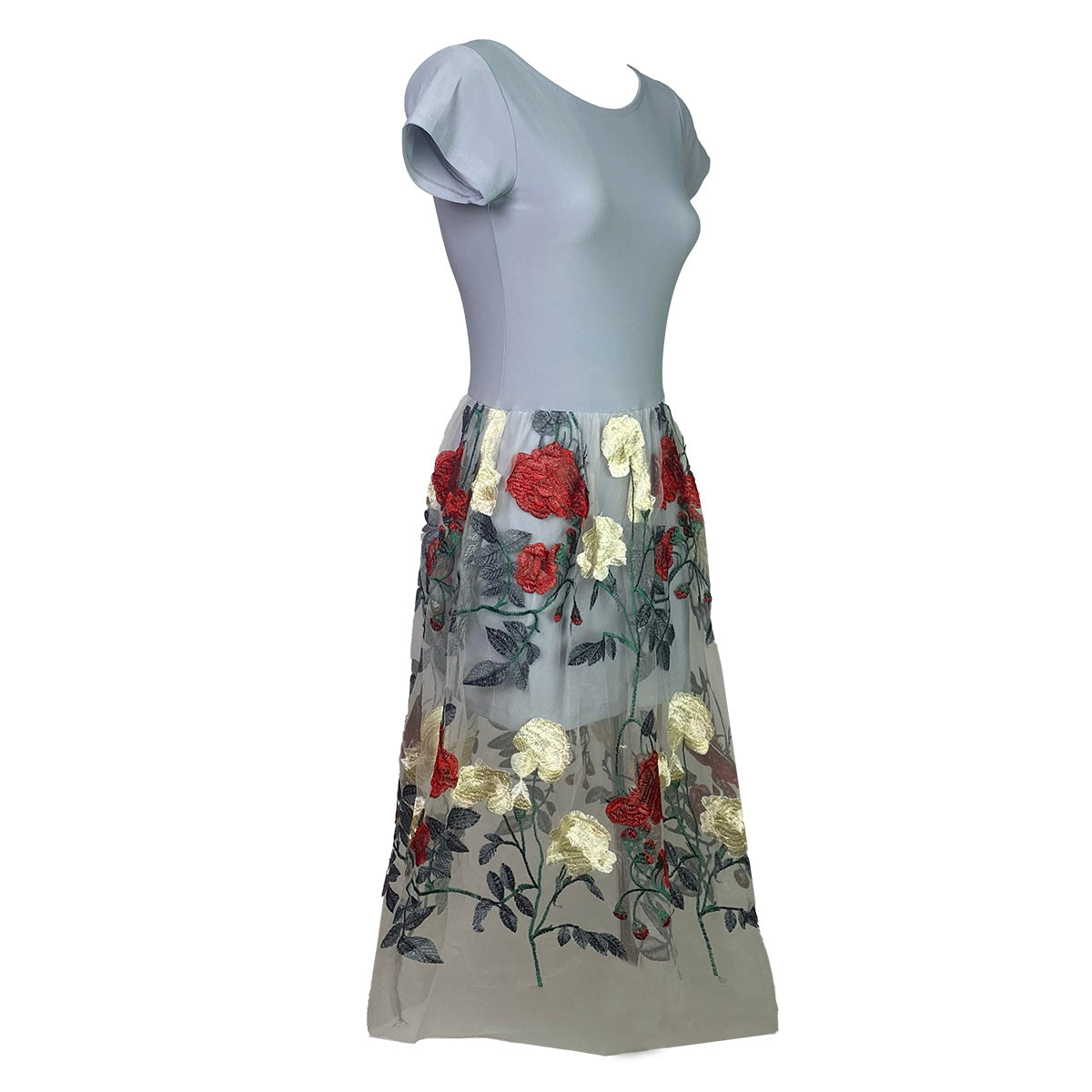 Just Got Lucky Ribbon Back Dress with Tulle Embroider Roses Tulle