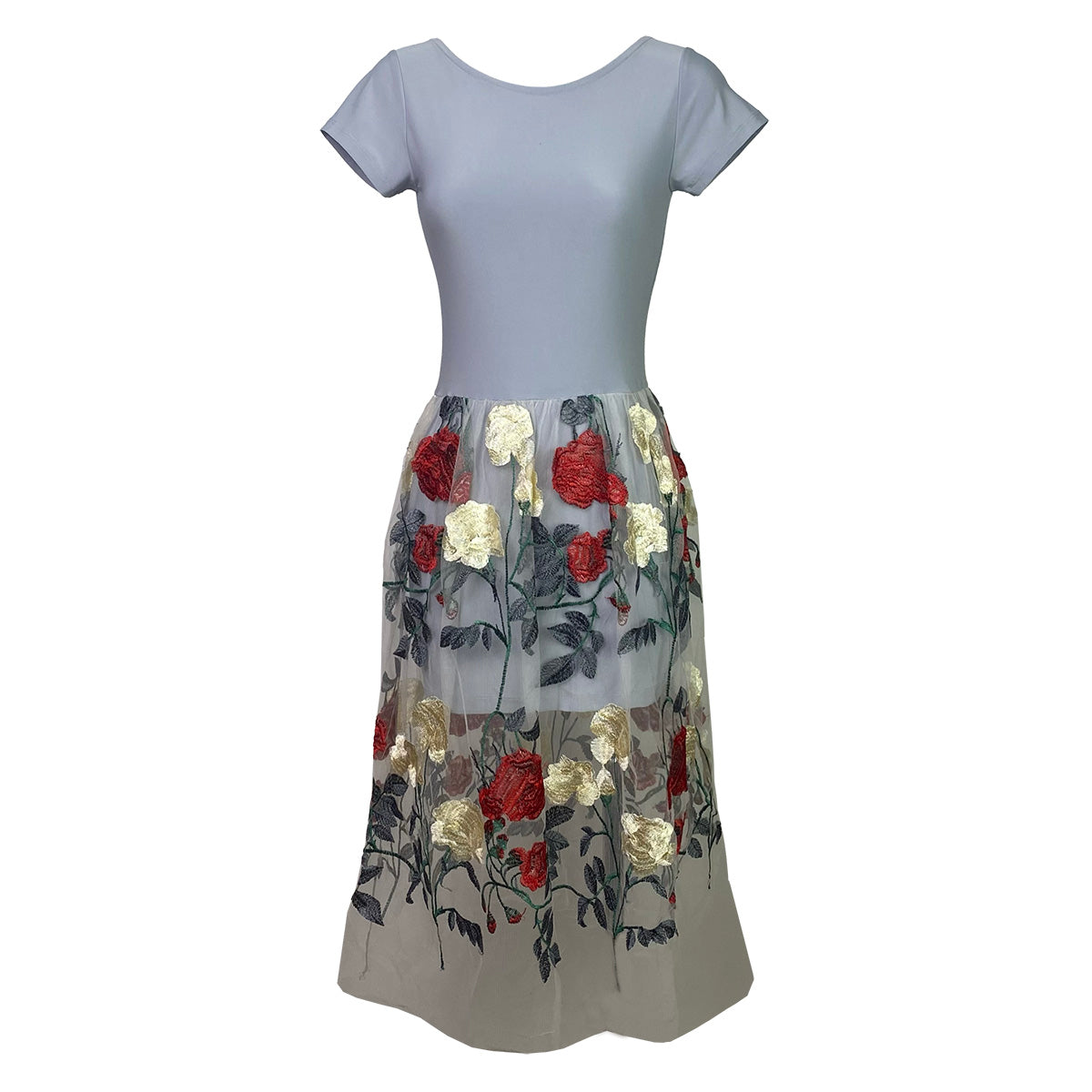 Just Got Lucky Ribbon Back Dress with Tulle Embroider Roses Tulle