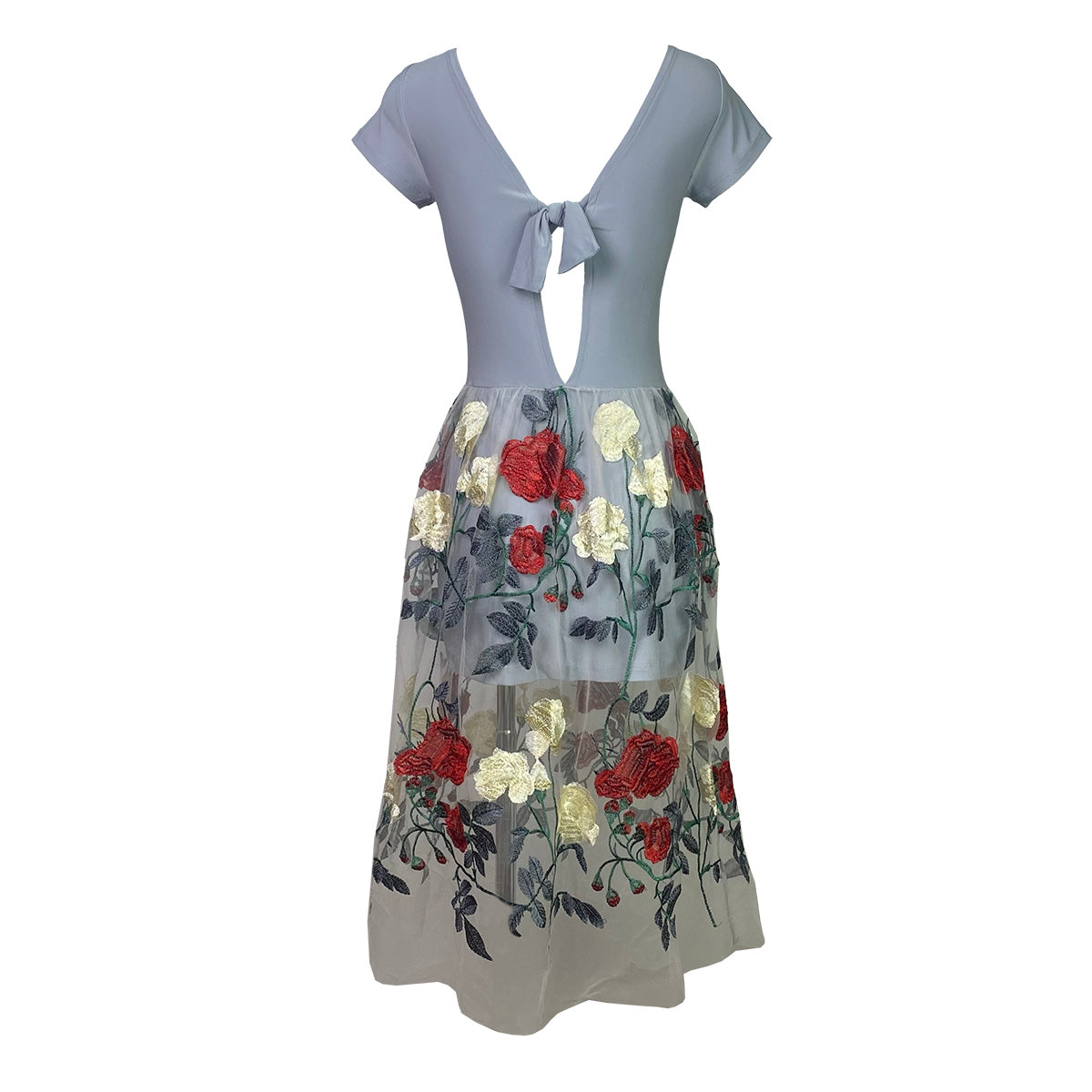 Just Got Lucky Ribbon Back Dress with Tulle Embroider Roses Tulle
