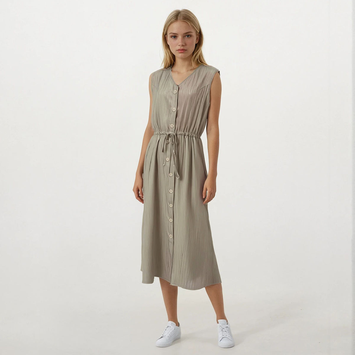 Textured Linen V Neck Button Down Sleeveless