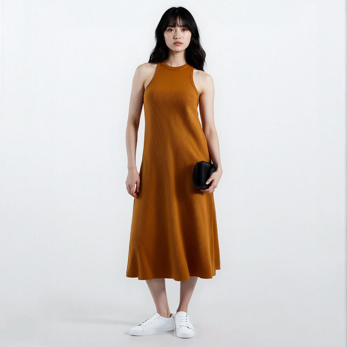 Hillary Halter Sleeveless Midi Dress with Bust Pads