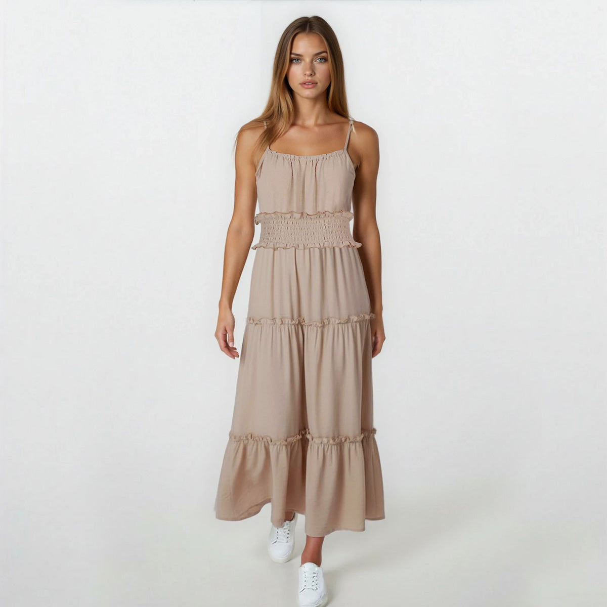 Tiered Stylish Plain Spaghetti Maxi Dress