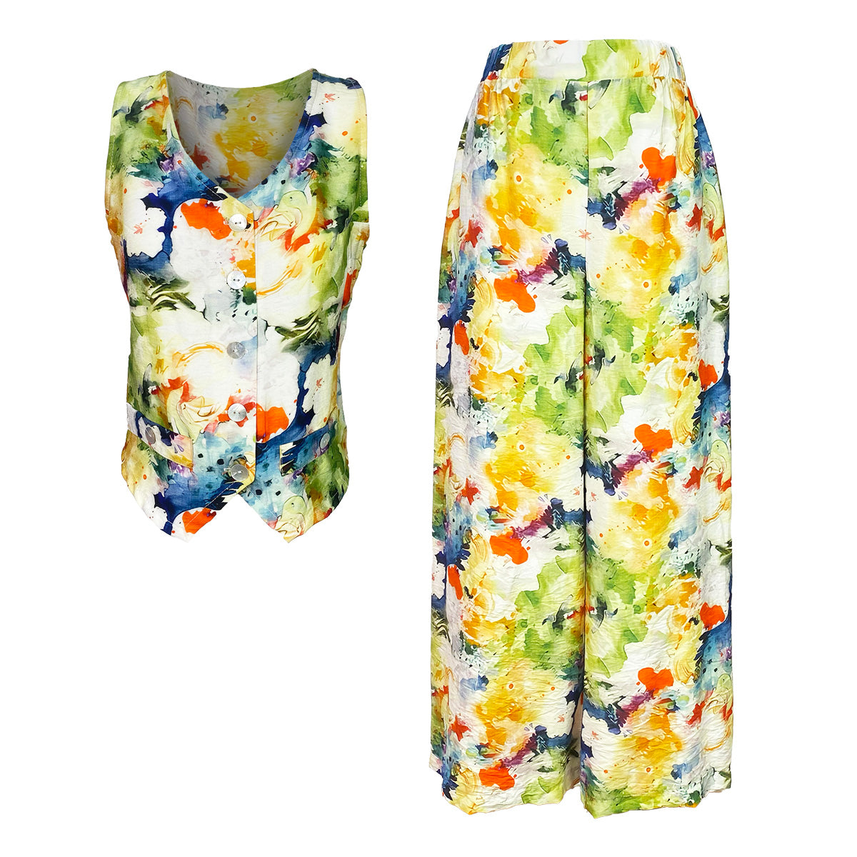 2813100854 Organic Watercolor Vest and Pants Set Leaves