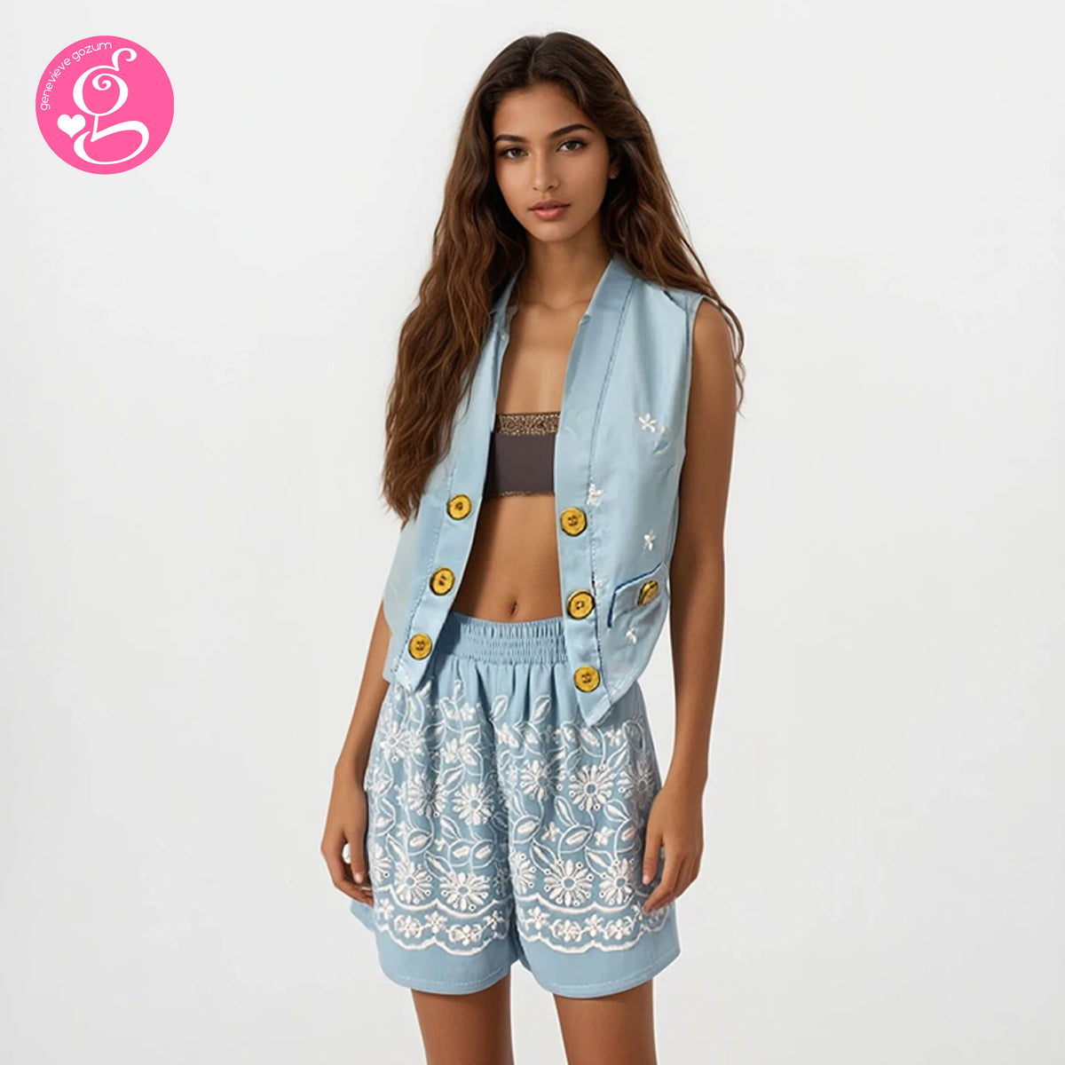 Cotton Embroidery Open Vest and Walking Shorts Set