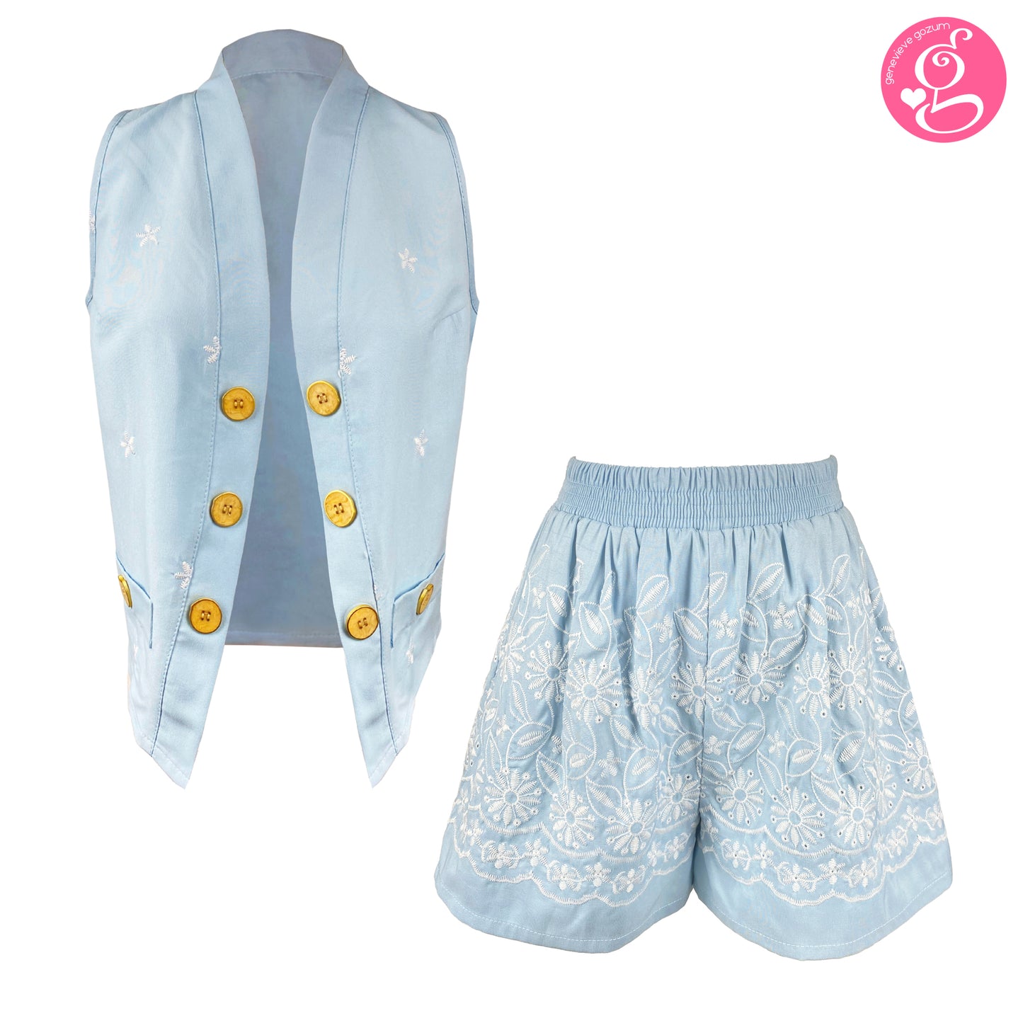 Cotton Embroidery Open Vest and Walking Shorts Set