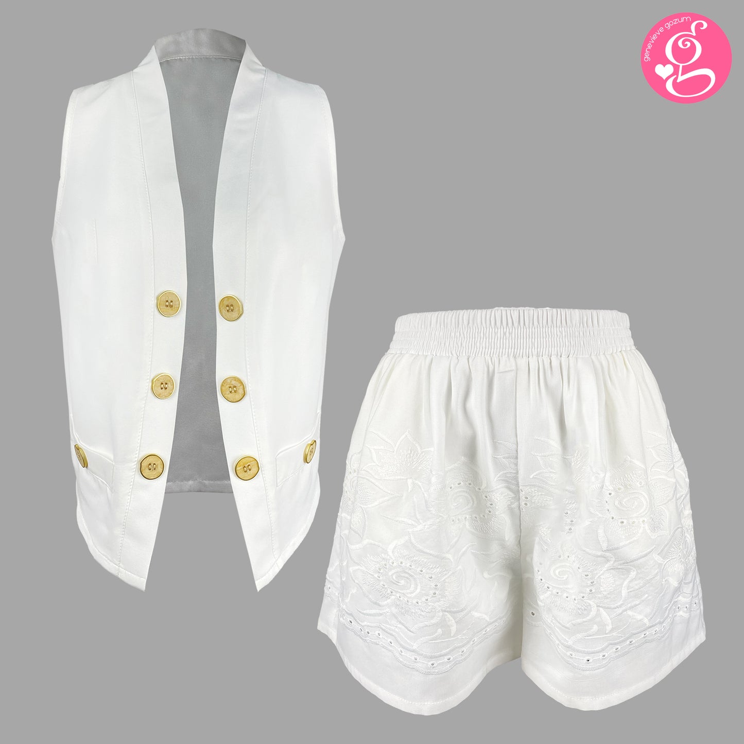 Cotton Embroidery Open Vest and Walking Shorts Set