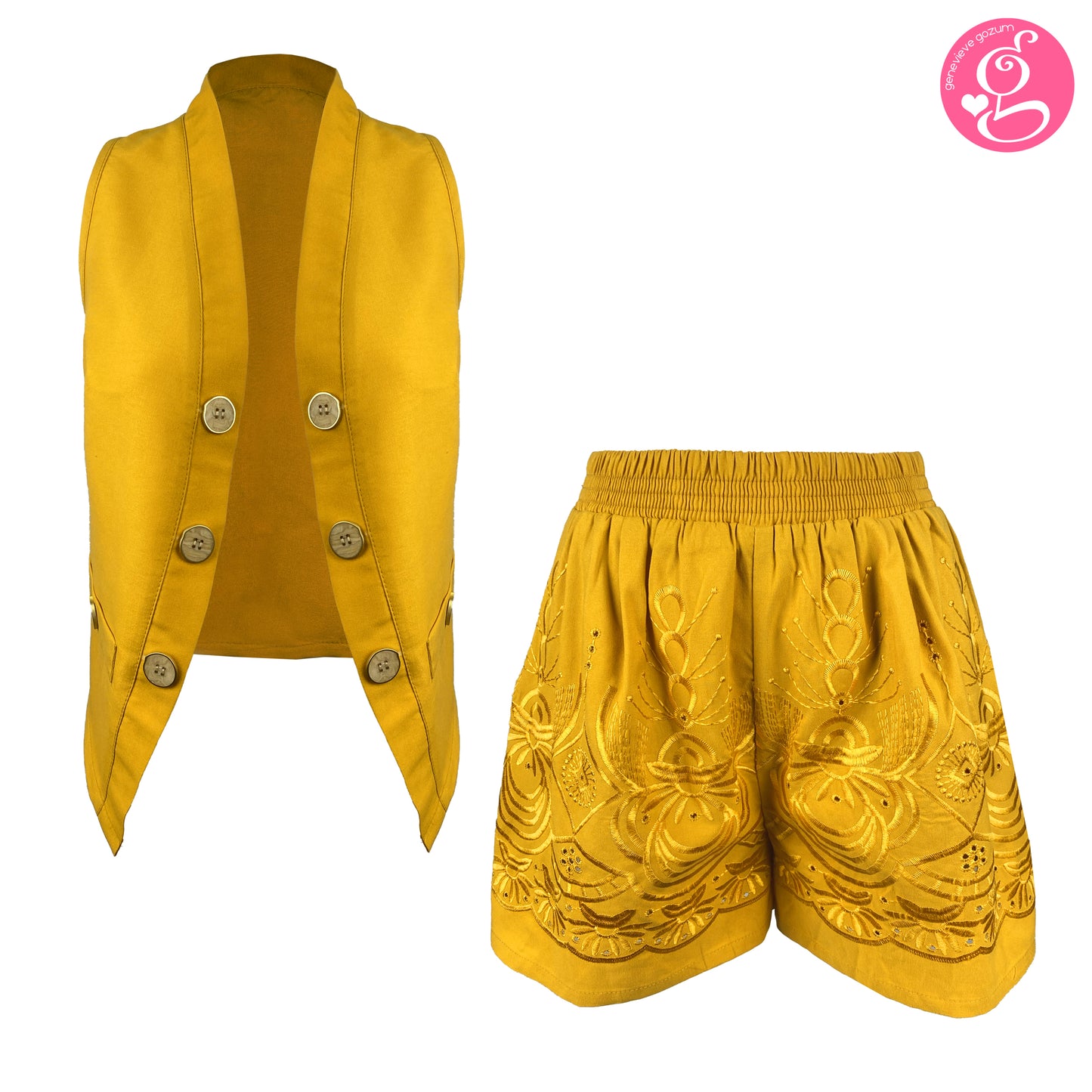 Cotton Embroidery Open Vest and Walking Shorts Set