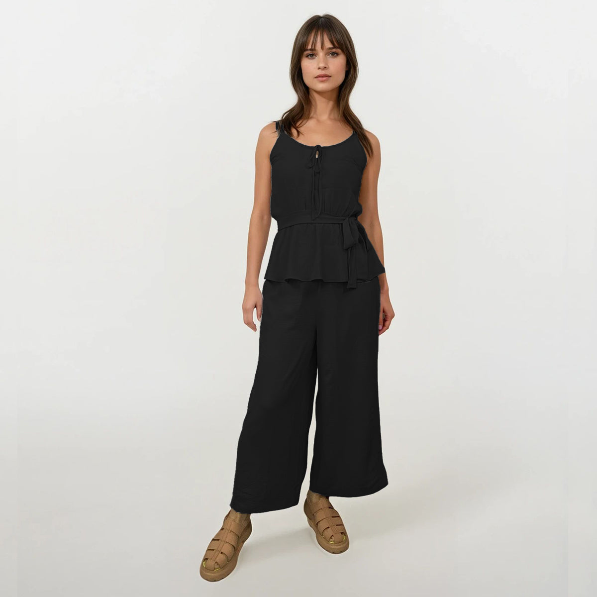 Soft Linen Crepe Spaghetti Top Back Peek A Boo and Pants Set with Sash