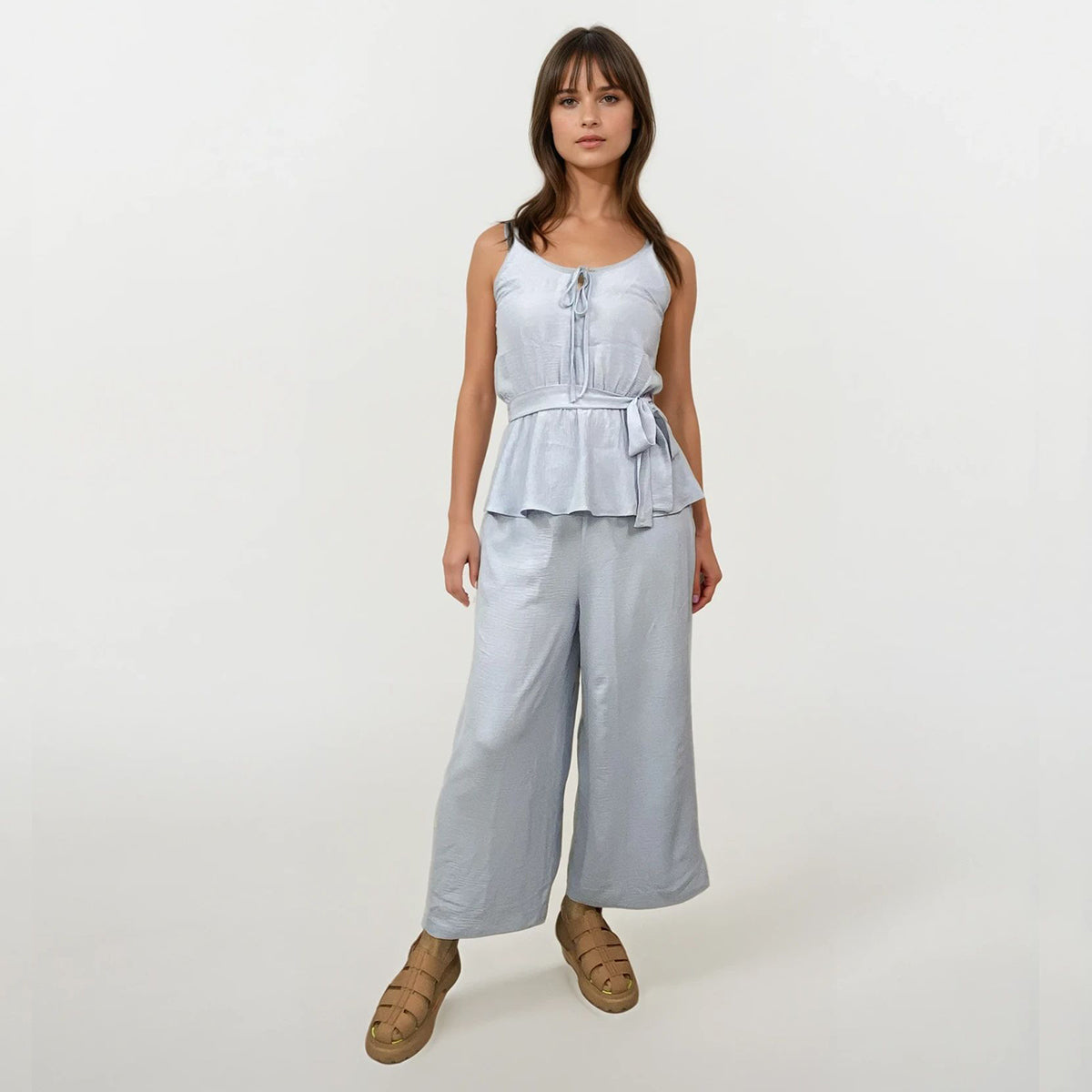 Soft Linen Crepe Spaghetti Top Back Peek A Boo and Pants Set with Sash