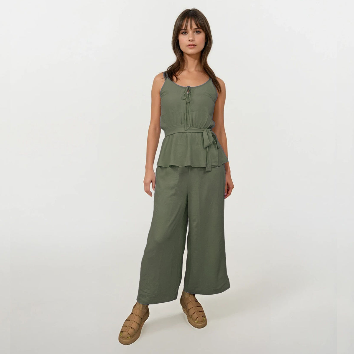 Soft Linen Crepe Spaghetti Top Back Peek A Boo and Pants Set with Sash