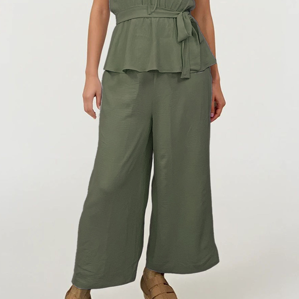 Soft Linen Crepe Spaghetti Top Back Peek A Boo and Pants Set with Sash