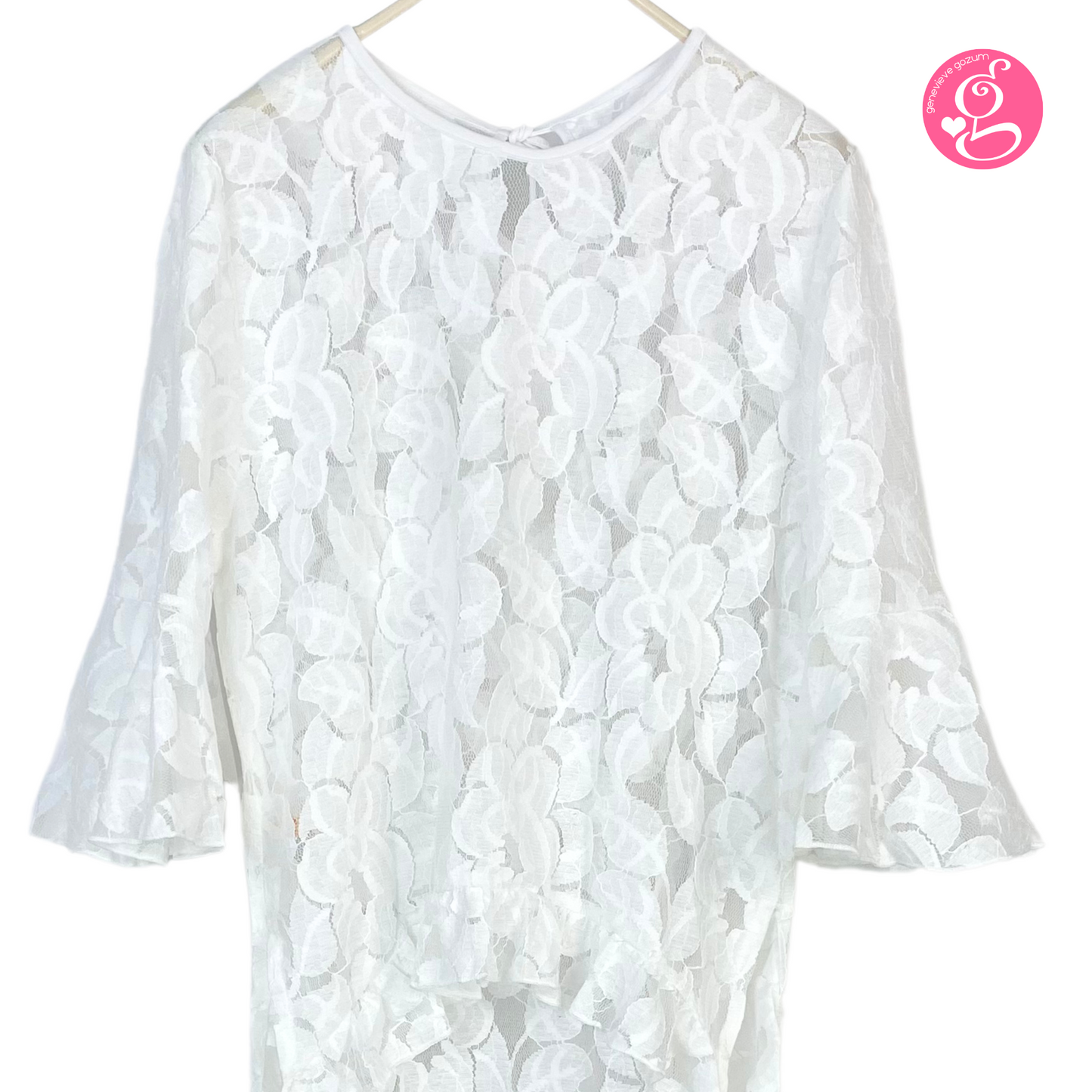 Genevieve Gozum Wildflower Lace High Low Tunic with Tie Neck
