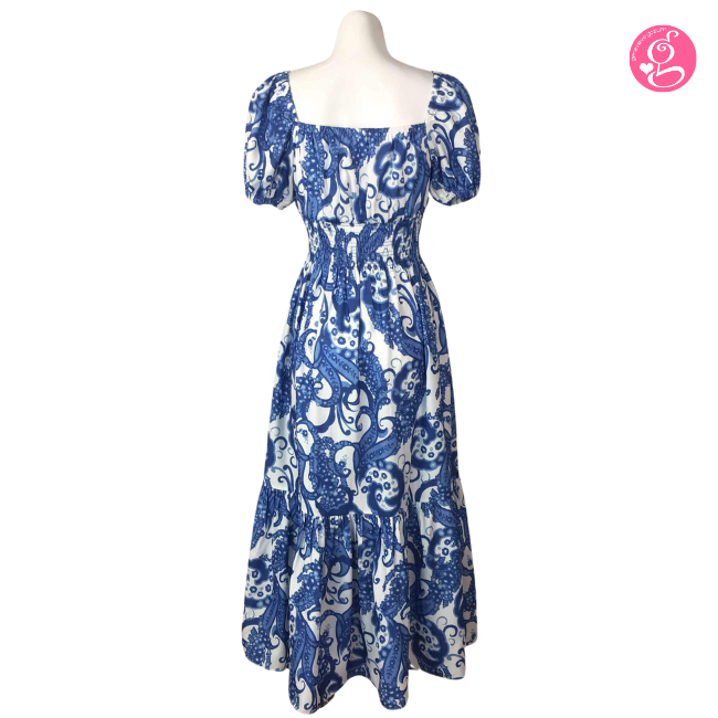 Organic Pastel & Blooms Sweetheart Maxi Dress Blue & White Paisley
