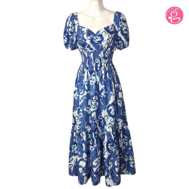 Organic Pastel & Blooms Sweetheart Maxi Dress Blue & White Paisley