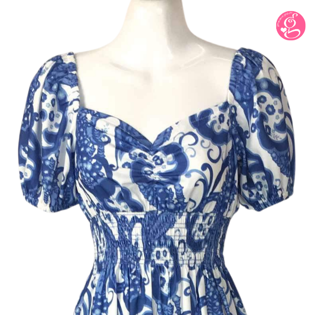 Organic Pastel & Blooms Sweetheart Maxi Dress Blue & White Paisley