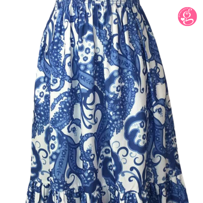 Organic Pastel & Blooms Sweetheart Maxi Dress Blue & White Paisley