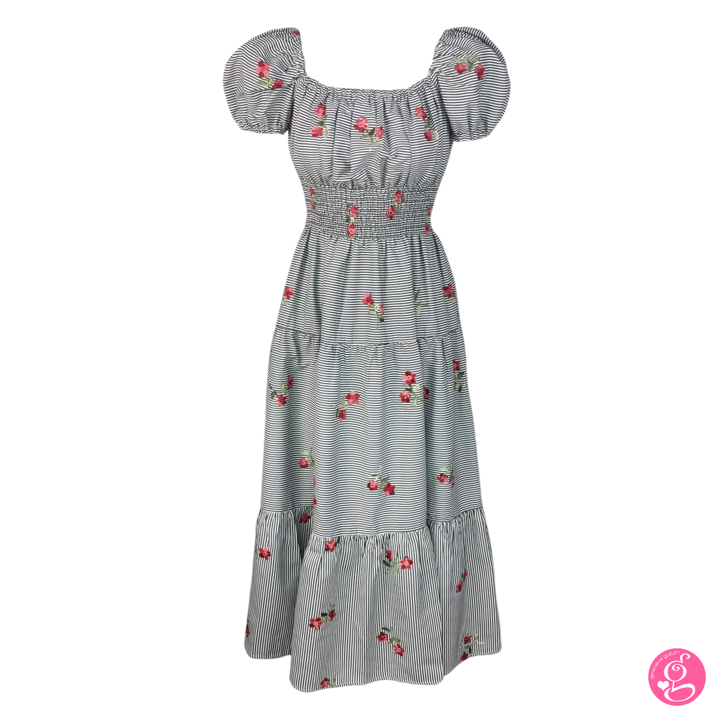 Deep Square Neck Maxi Dress Pinstripes & Embroidered Flowers