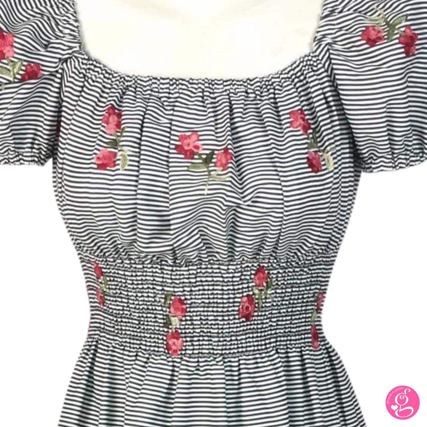 Deep Square Neck Maxi Dress Pinstripes & Embroidered Flowers