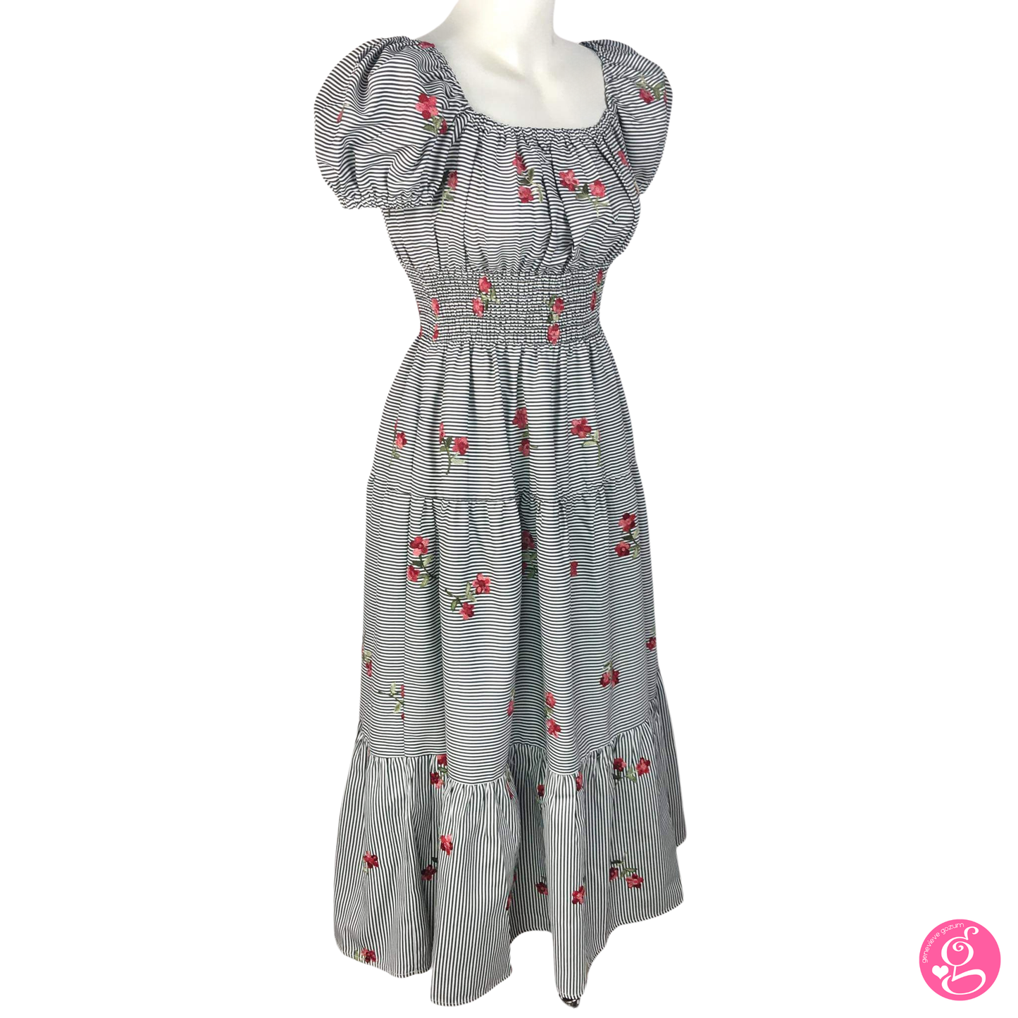 Deep Square Neck Maxi Dress Pinstripes & Embroidered Flowers