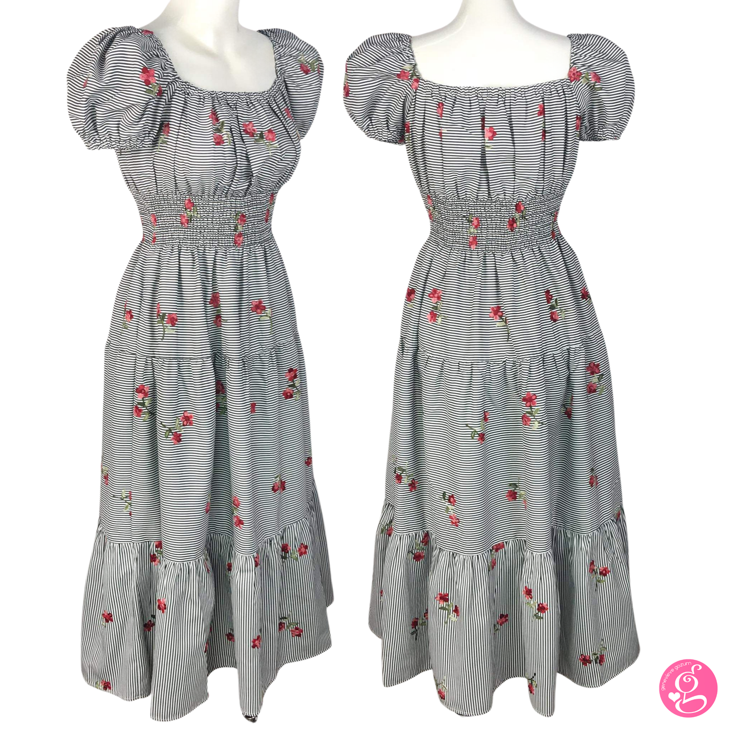 Deep Square Neck Maxi Dress Pinstripes & Embroidered Flowers