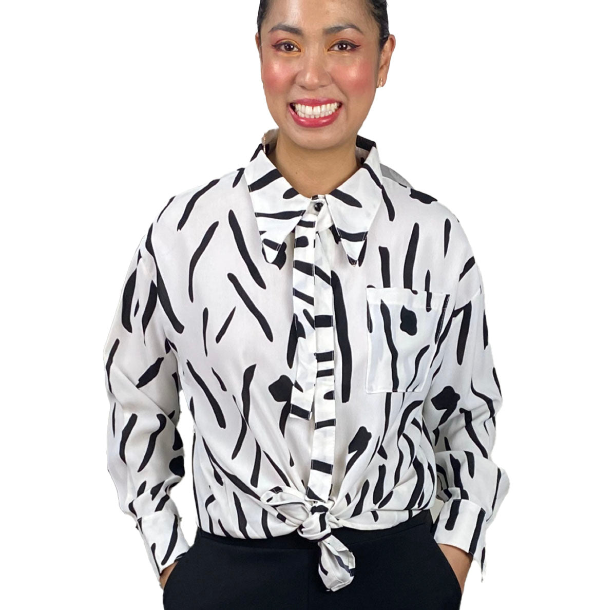 Ebony and Ivory Button Down Polo Blouse Long Sleeves