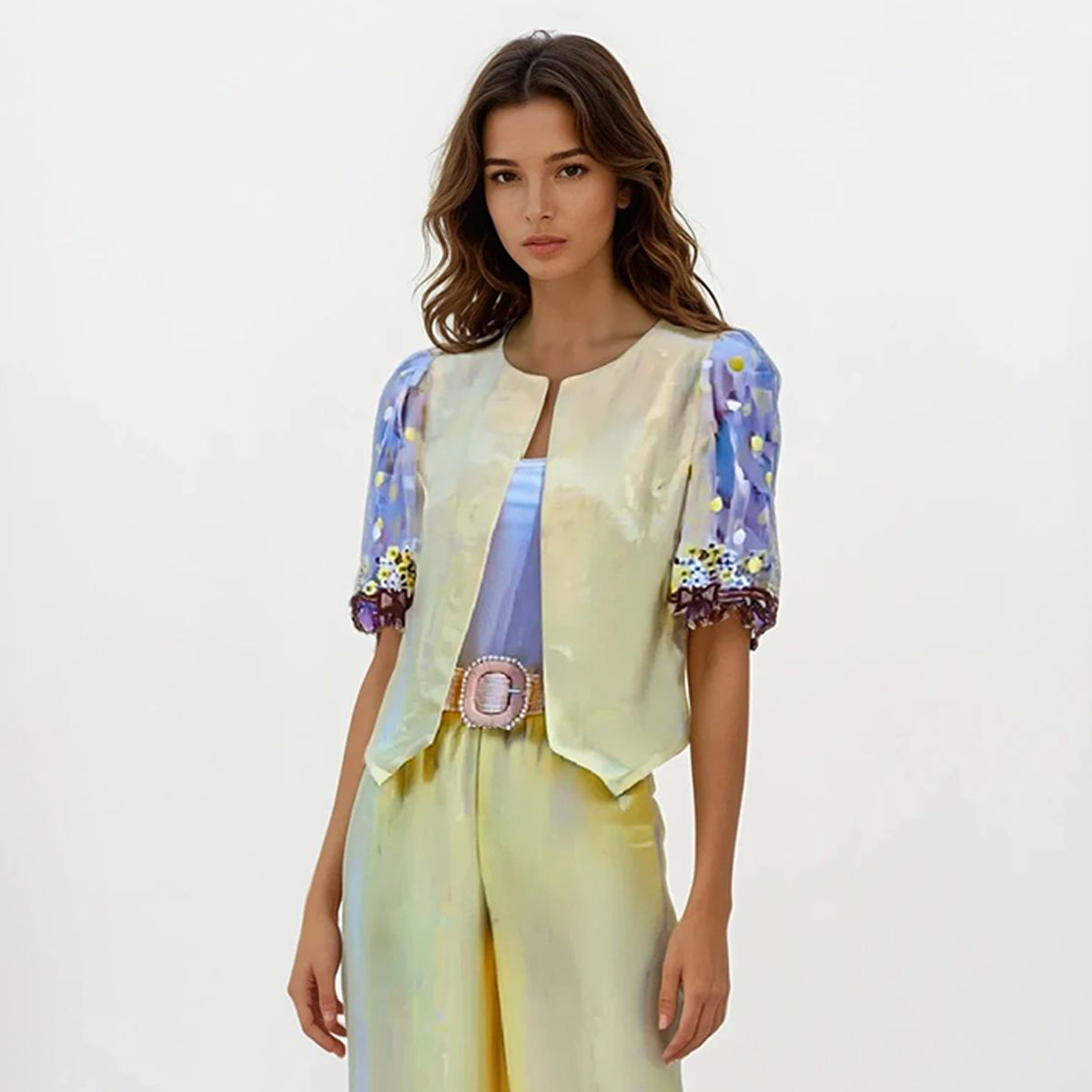 Linen Blend Sweet Vines Combo Modern Filipiniana Pants and Blouse Set