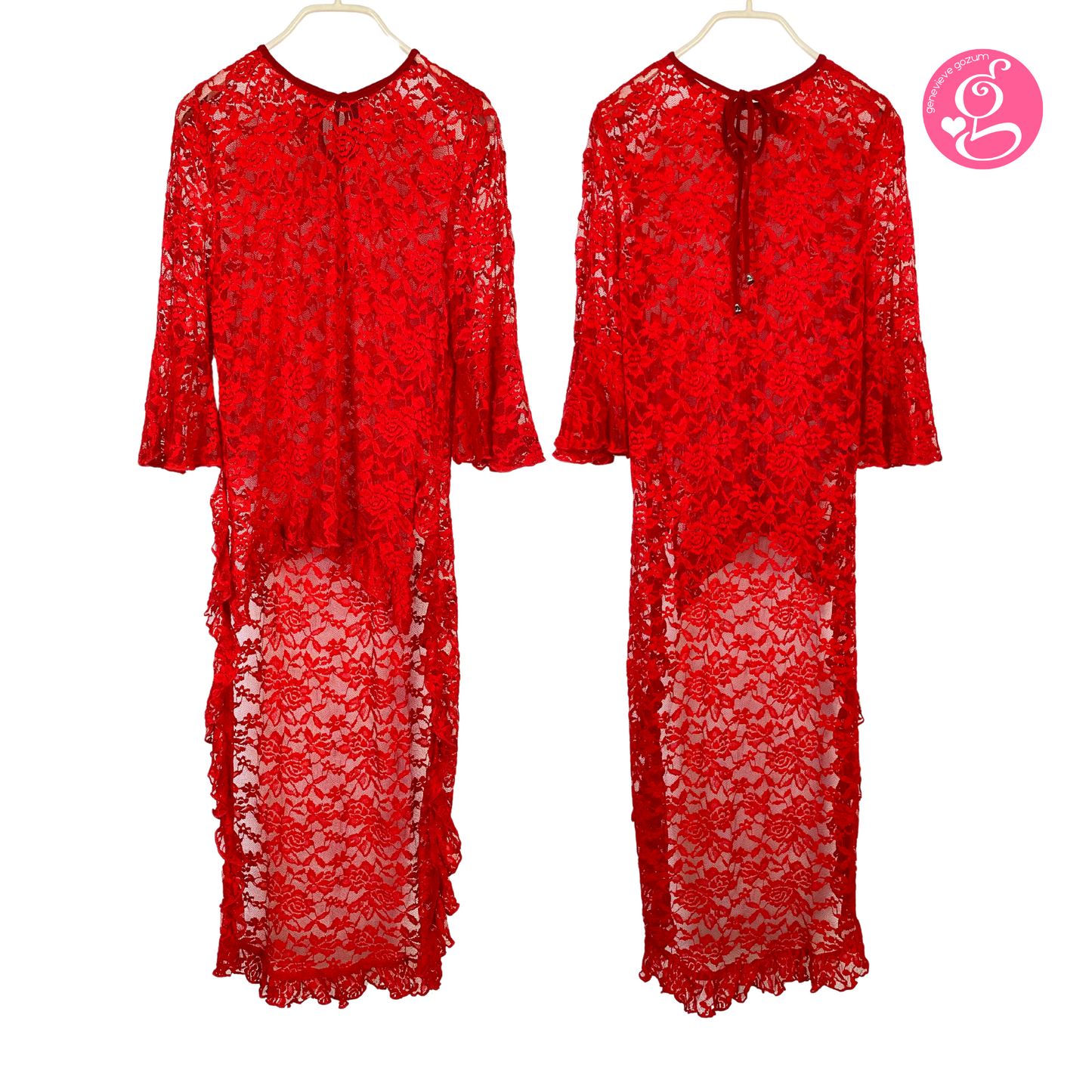 Genevieve Gozum Wildflower Lace High Low Tunic with Tie Neck