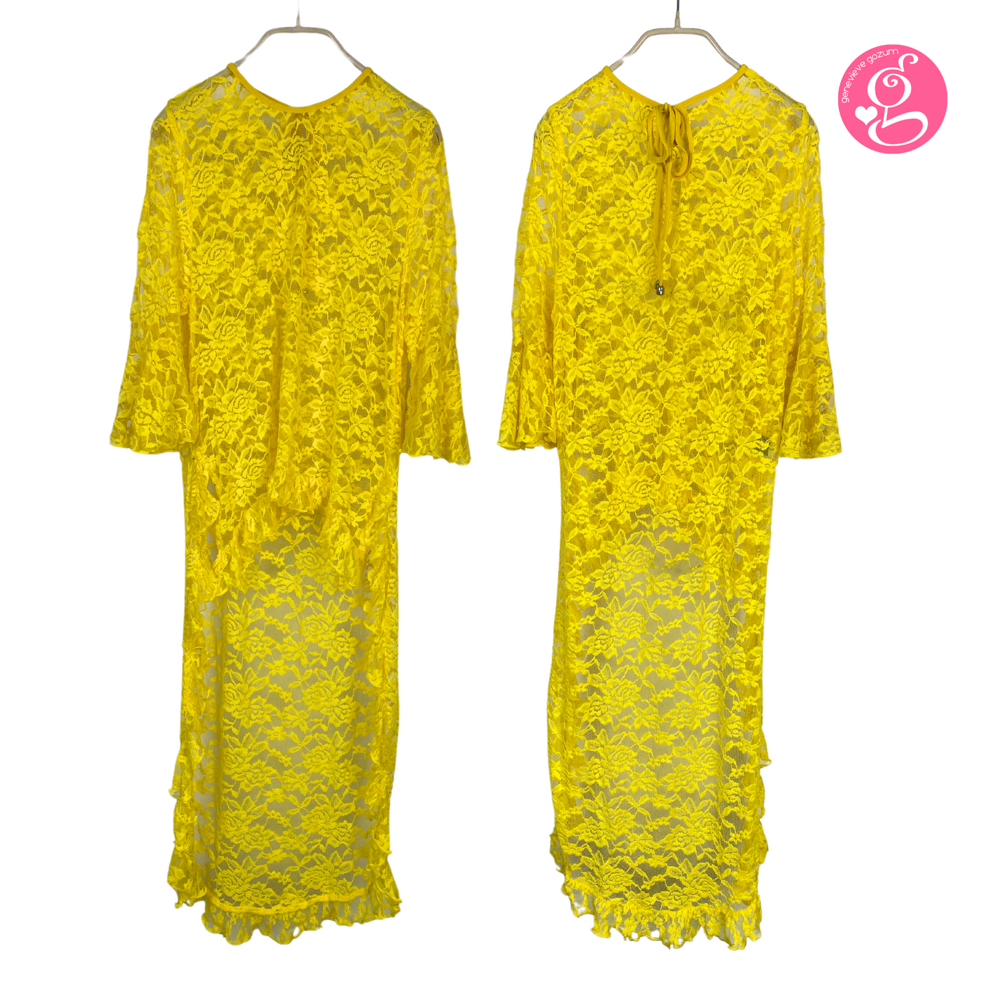 Genevieve Gozum Wildflower Lace High Low Tunic with Tie Neck