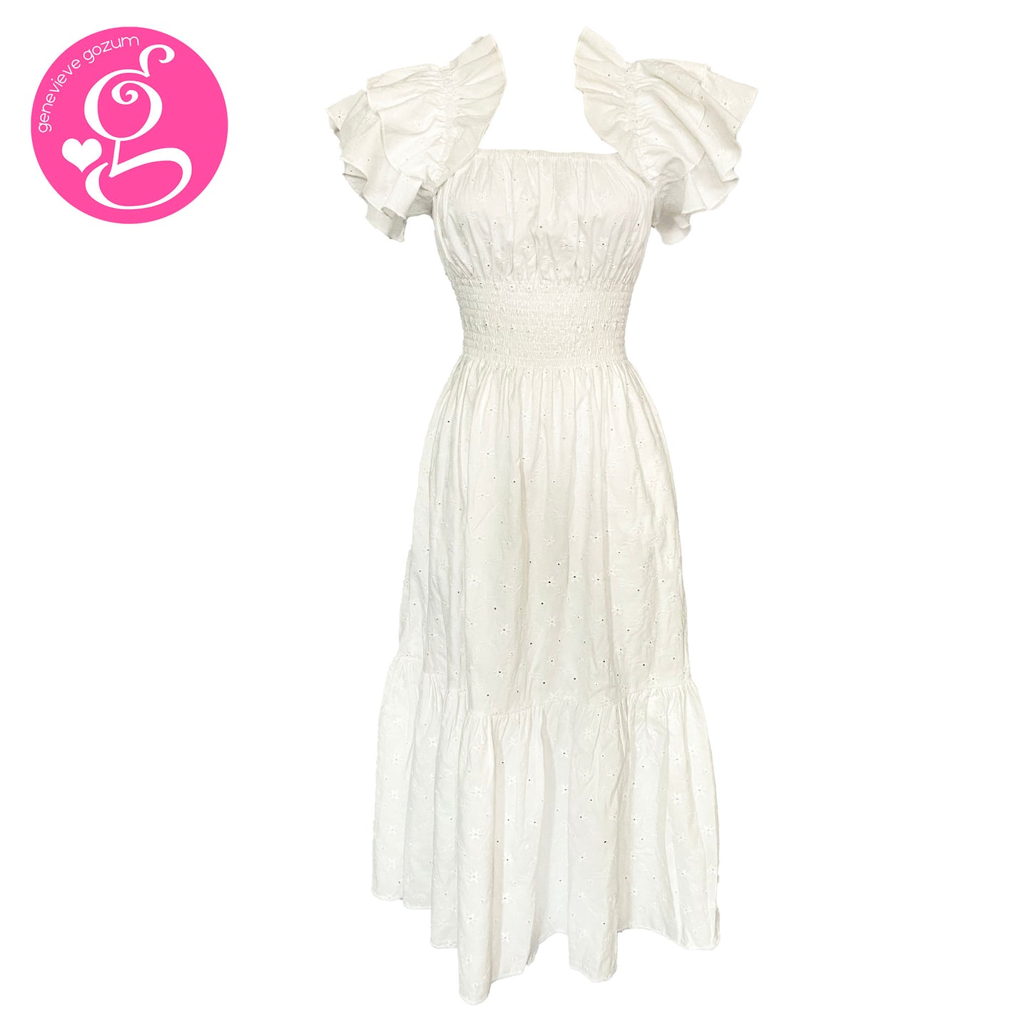 Cotton Eyelet Luna Double Sleeves Ruffles Dress