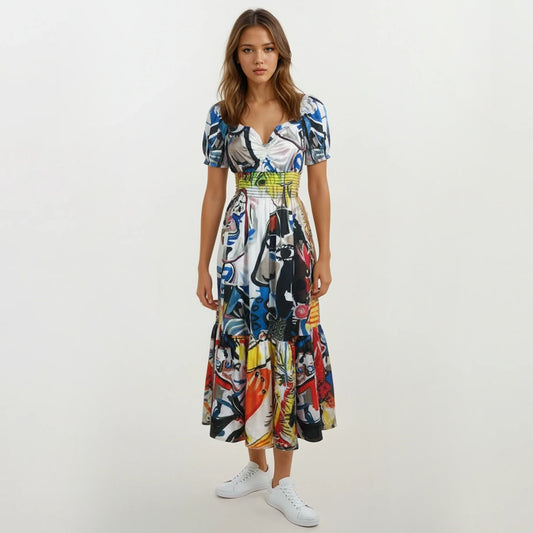 Silky Crepe Picasso Sweetheart Maxi Dress