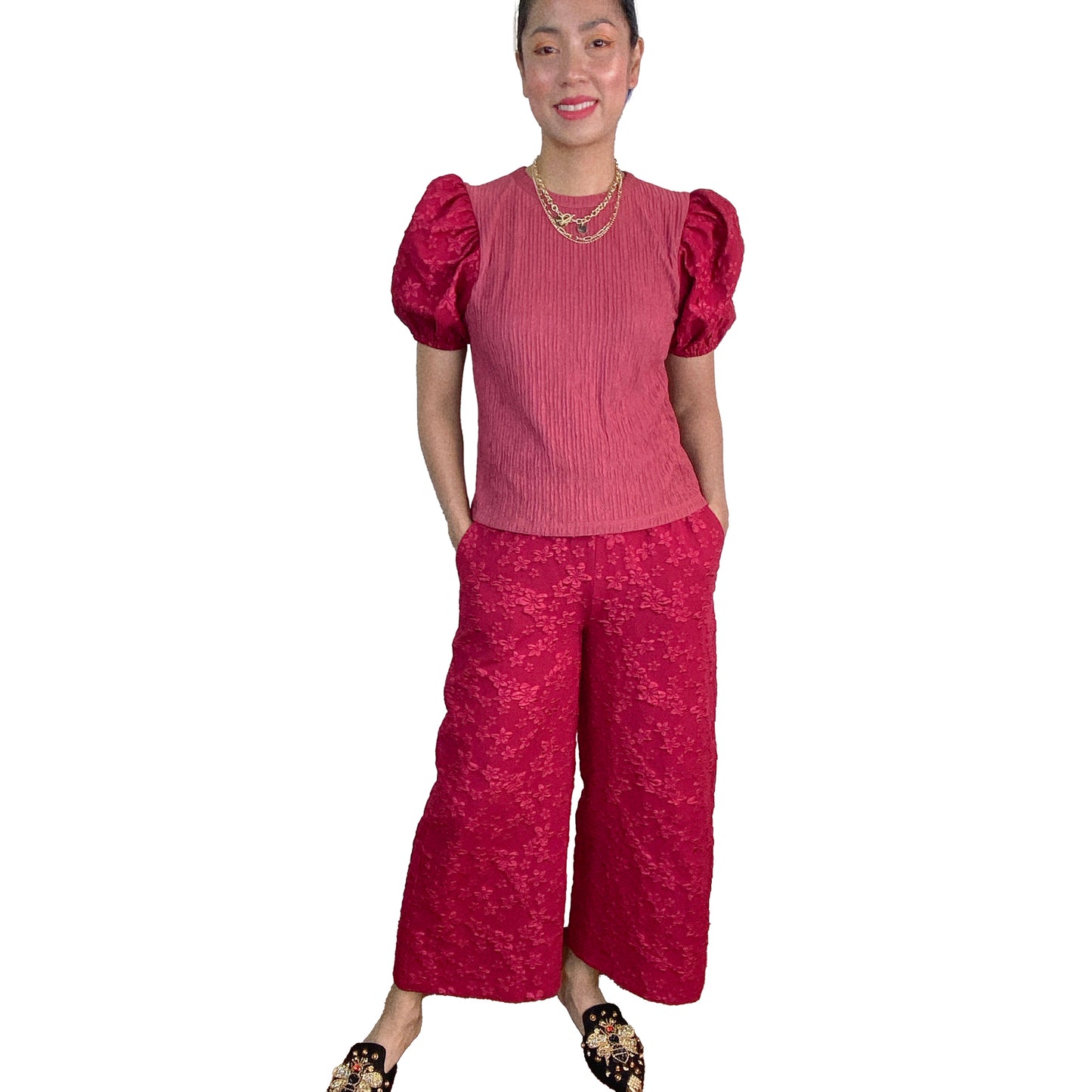 Sweet Embossed Puff Sleeves Blouse and Pants Set