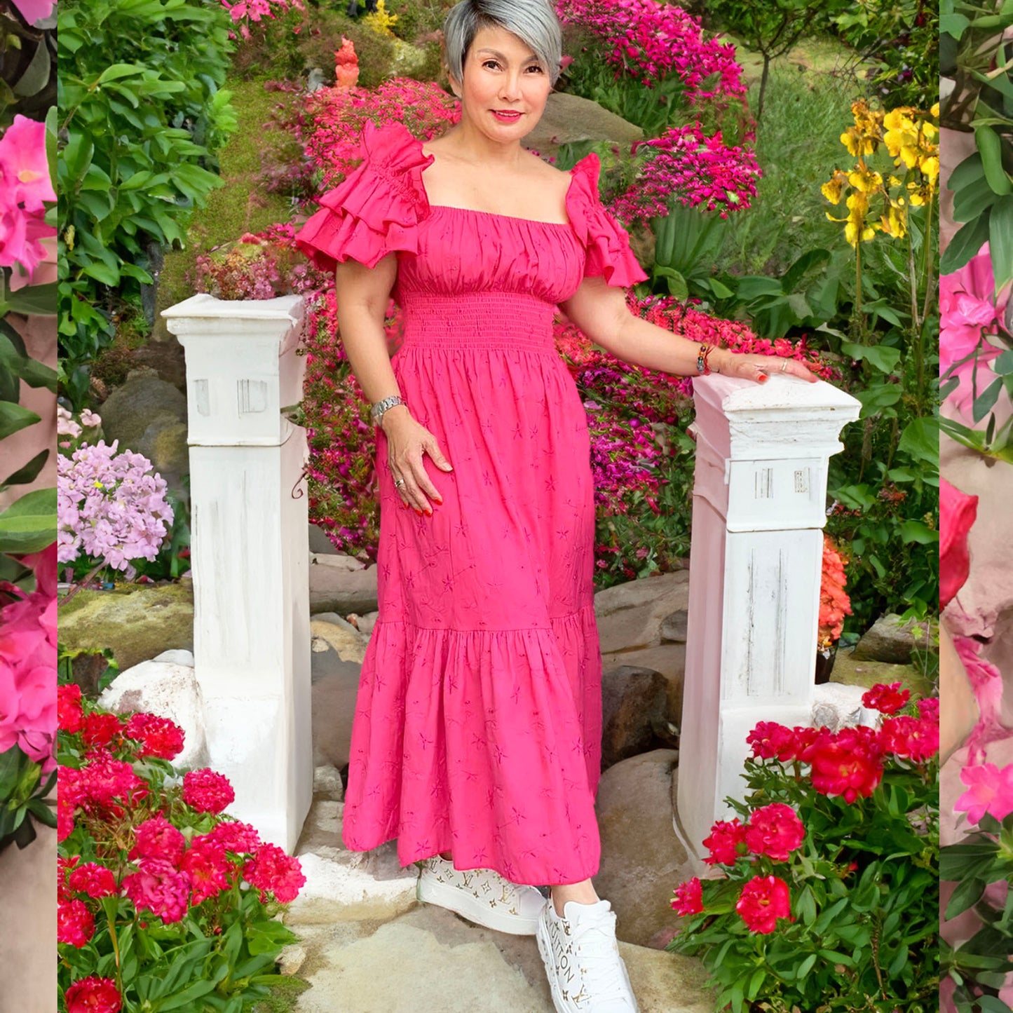 Cotton Eyelet Luna Double Sleeves Ruffles Dress