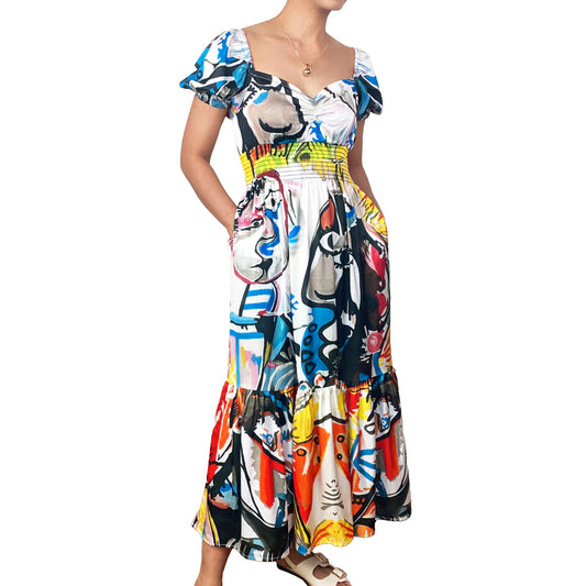 Silky Crepe Picasso Sweetheart Maxi Dress