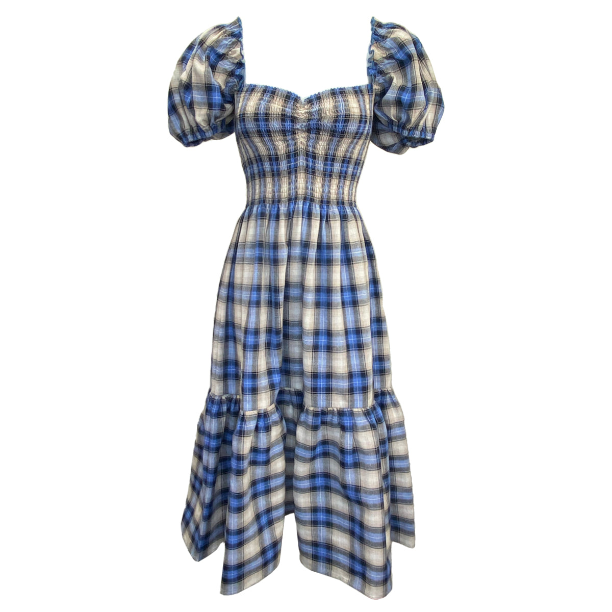 Linen Checkered Sweetheart Midi Dress