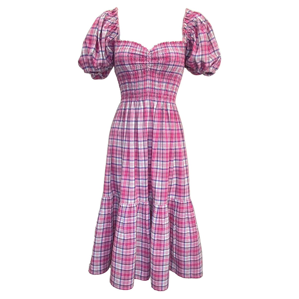 Linen Checkered Sweetheart Midi Dress