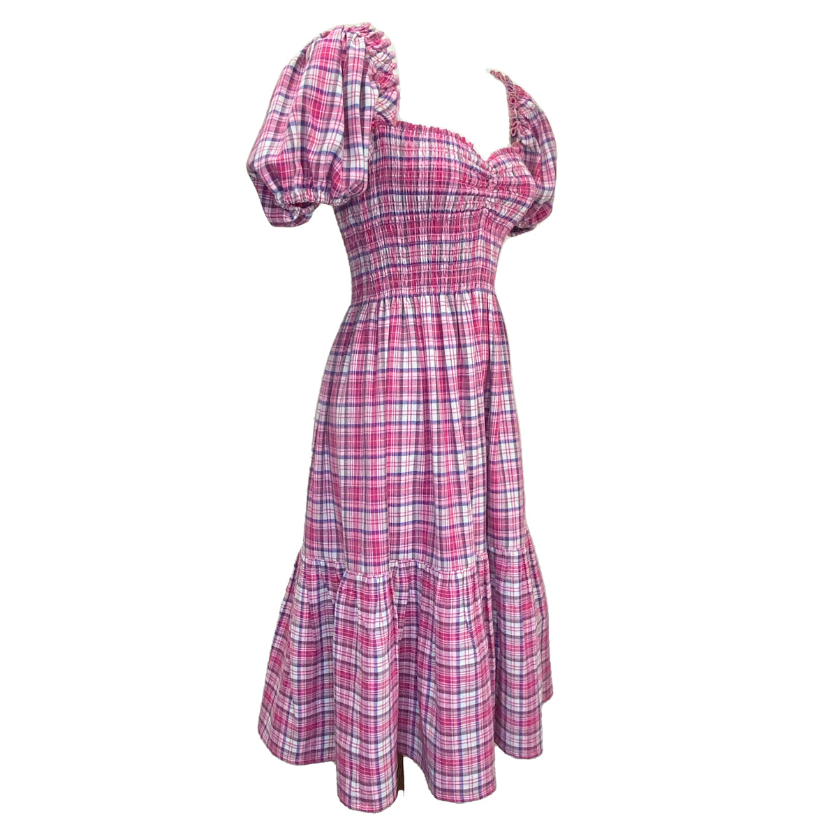 Linen Checkered Sweetheart Midi Dress